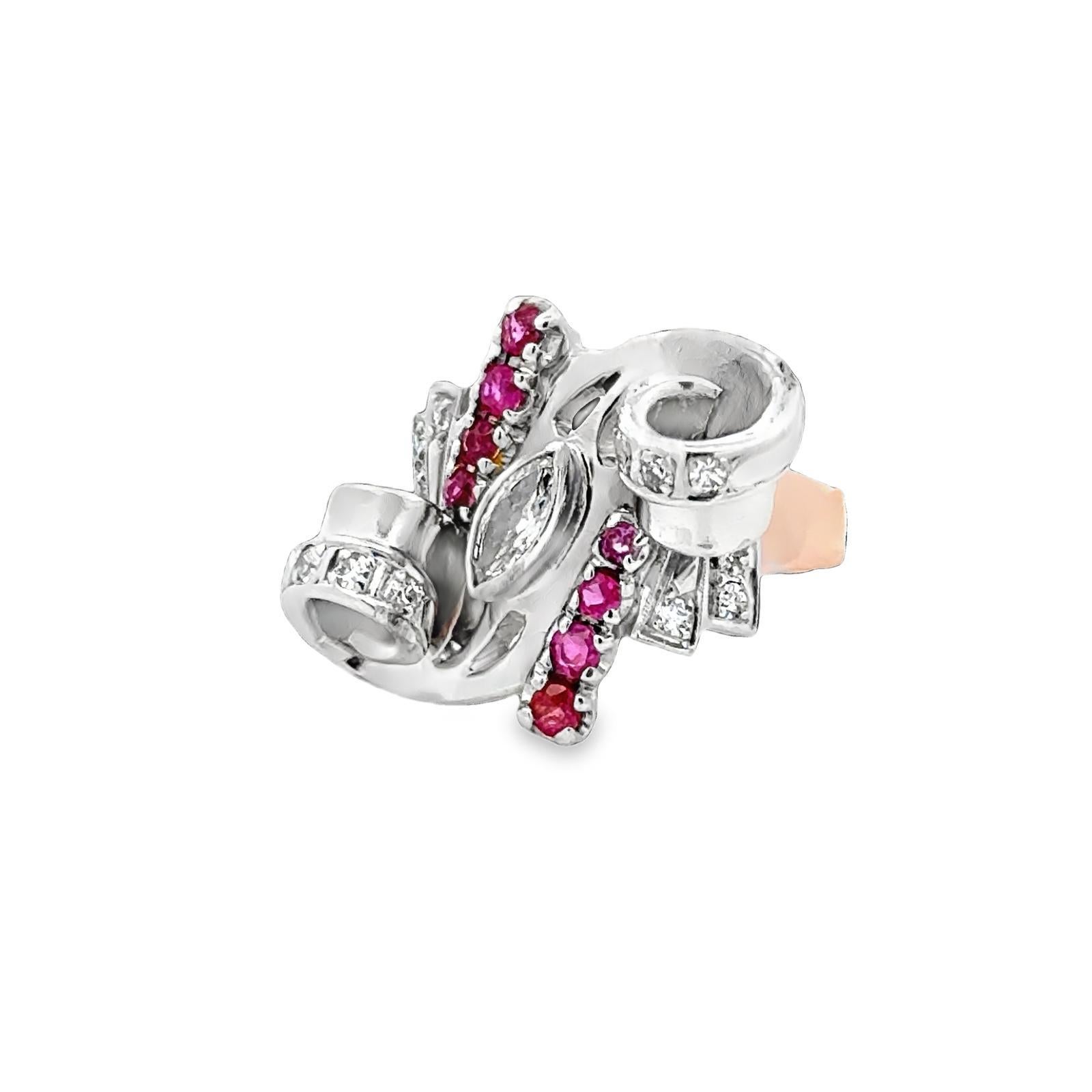 Marquise Cut 1950's Retro Marquise Diamond Ruby 18 Karat Two Tone Gold Swirl Cocktail Ring For Sale