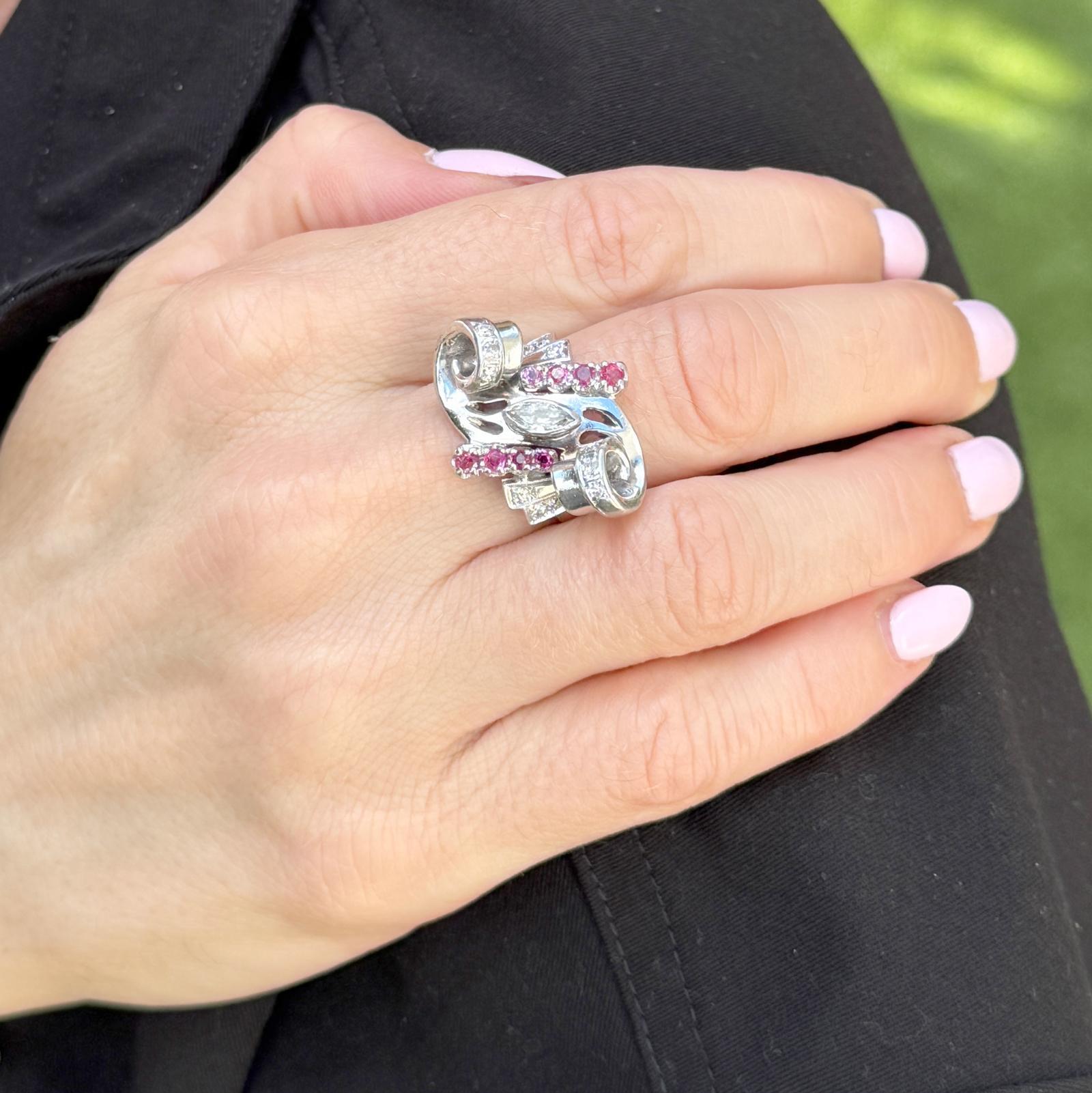 1950's Retro Marquise Diamond Ruby 18 Karat Two Tone Gold Swirl Cocktail Ring In Excellent Condition For Sale In Boca Raton, FL