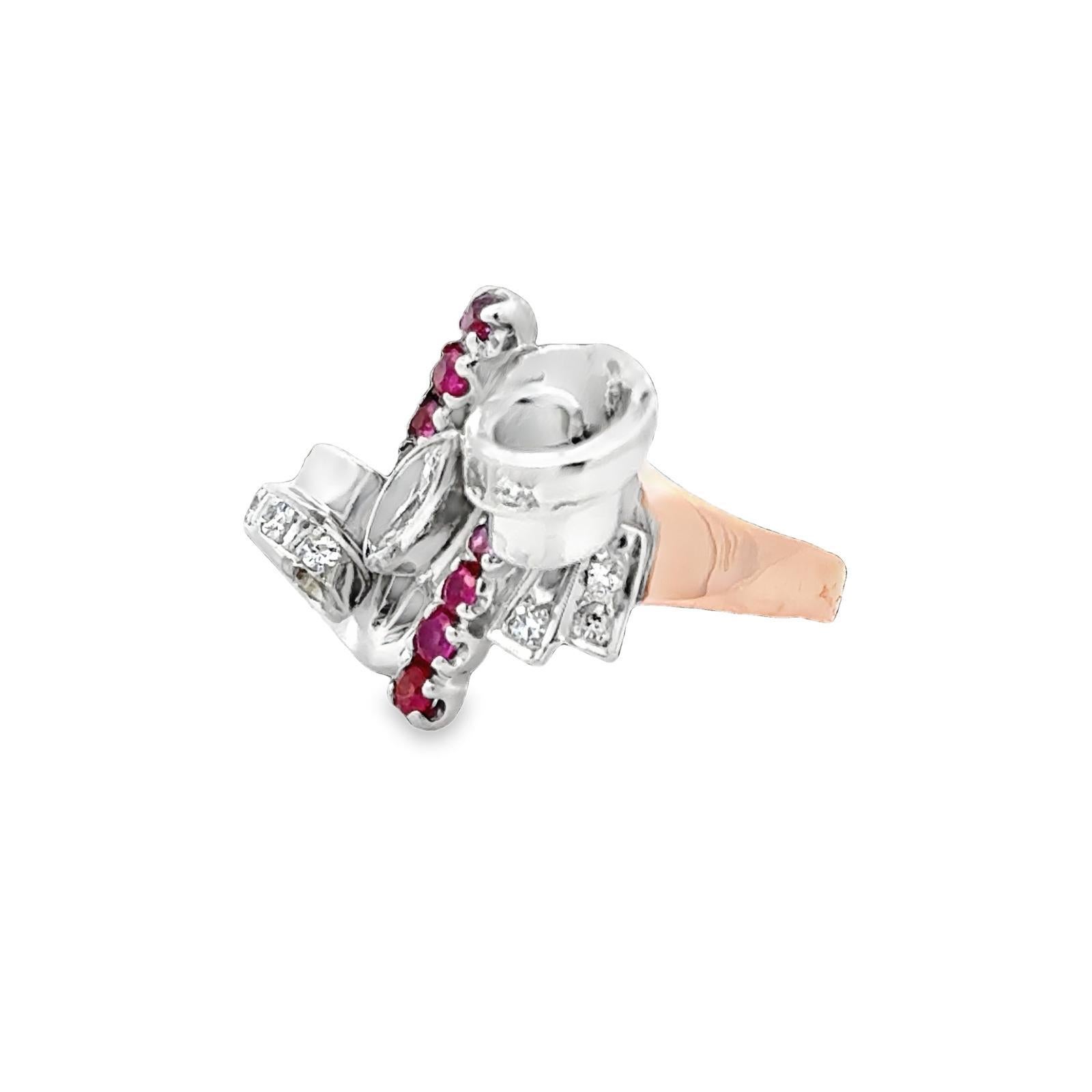 Women's 1950's Retro Marquise Diamond Ruby 18 Karat Two Tone Gold Swirl Cocktail Ring For Sale
