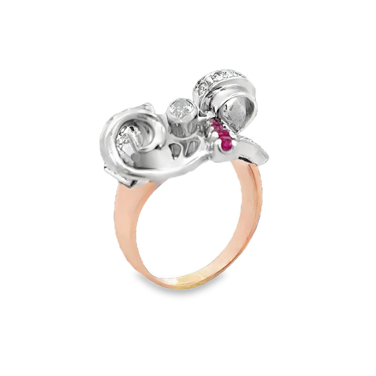 1950's Retro Marquise Diamond Ruby 18 Karat Two Tone Gold Swirl Cocktail Ring For Sale 2