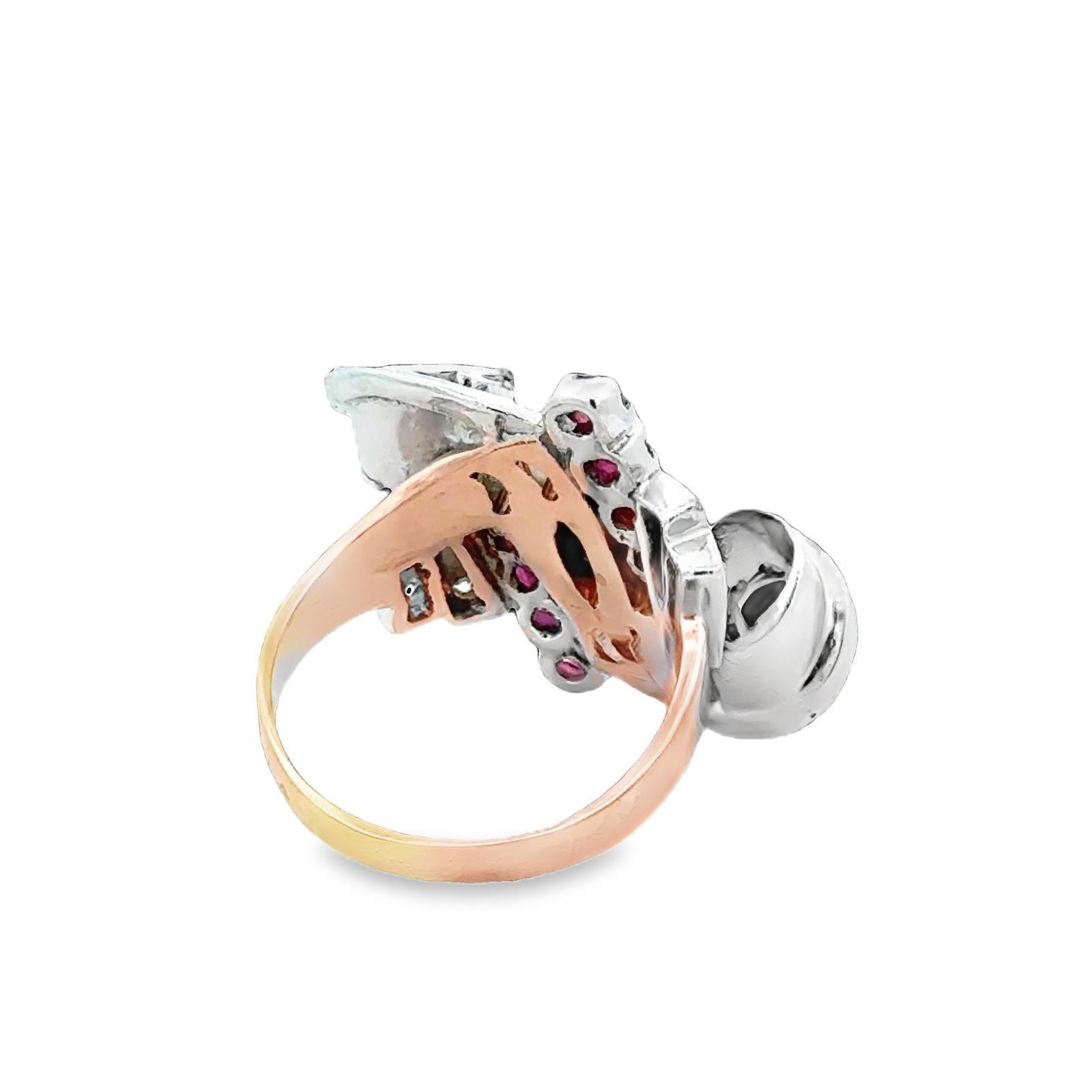 1950's Retro Marquise Diamond Ruby 18 Karat Two Tone Gold Swirl Cocktail Ring For Sale 3