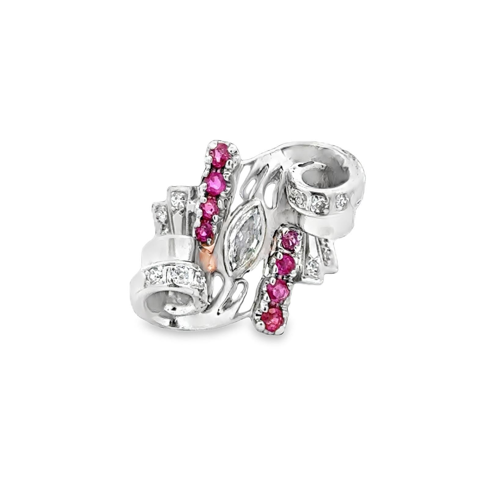 1950's Retro Marquise Diamond Ruby 18 Karat Two Tone Gold Swirl Cocktail Ring For Sale 4