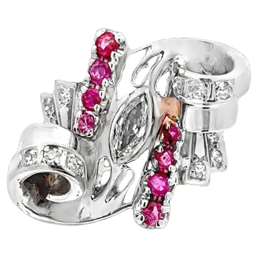 1950's Retro Marquise Diamond Ruby 18 Karat Two Tone Gold Swirl Cocktail Ring For Sale