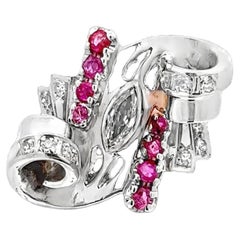 1950's Retro Marquise Diamond Ruby 18 Karat Two Tone Gold Swirl Cocktail Ring