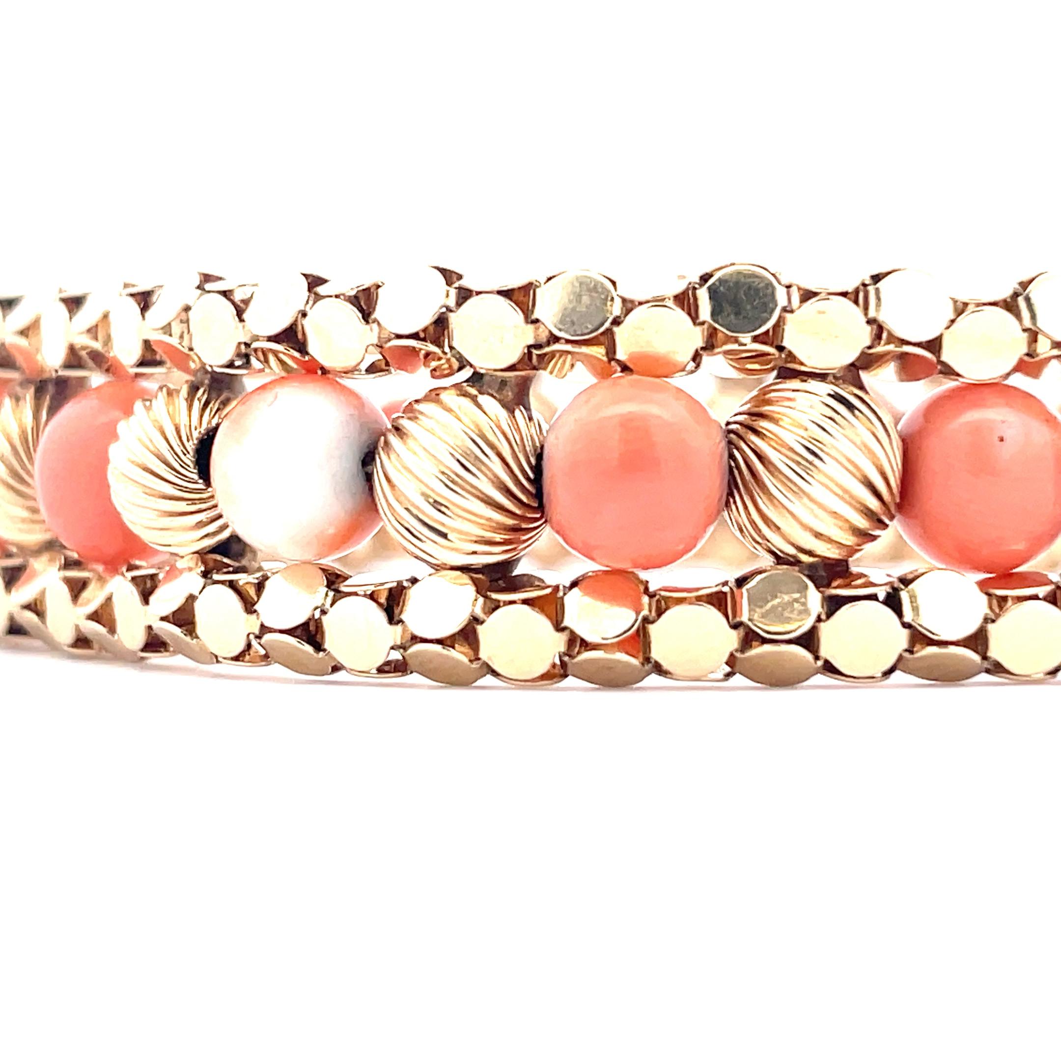 1950s Retro Mid Century 14K Yellow Gold and Coral Bracelet  1