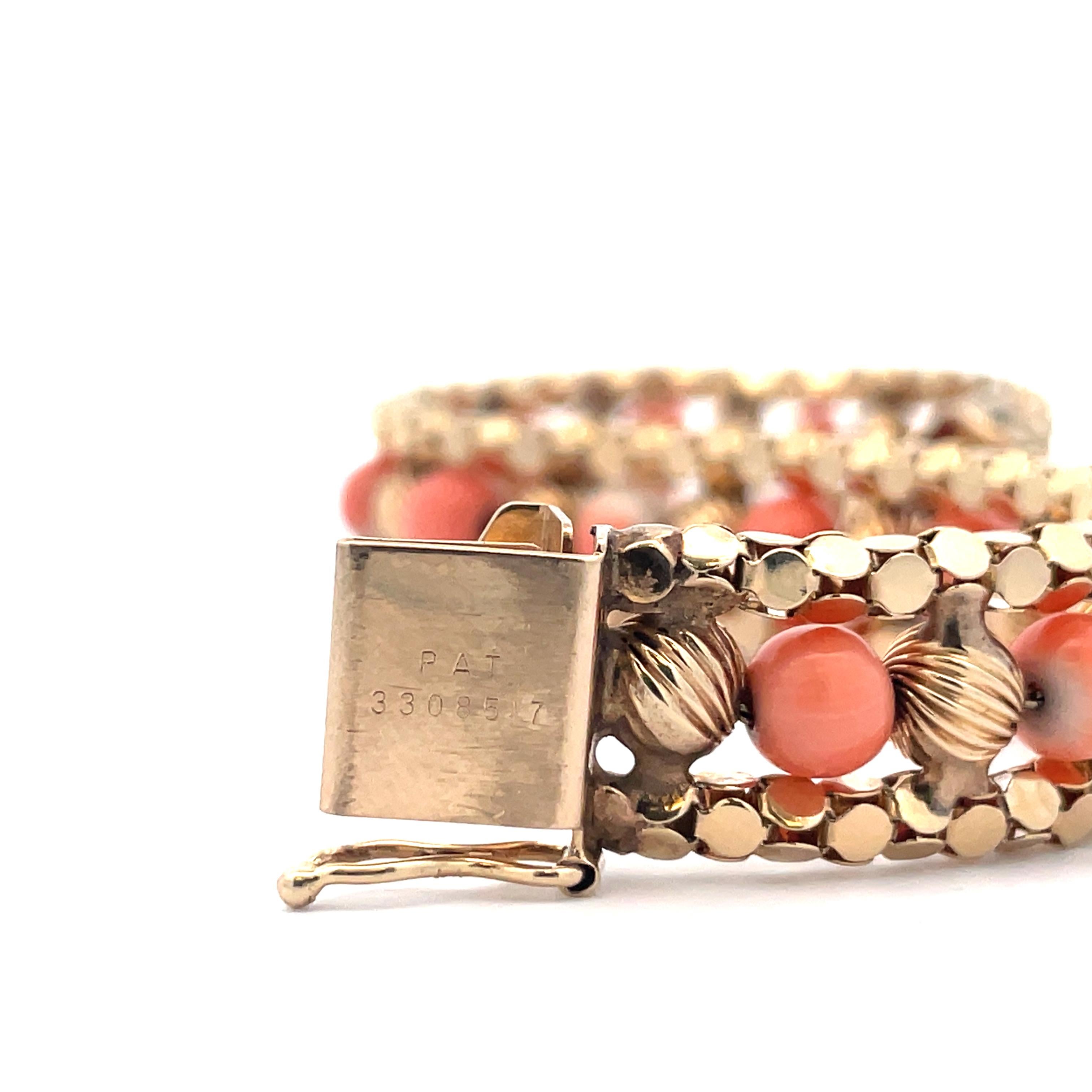 1950s Retro Mid Century 14K Yellow Gold and Coral Bracelet  2