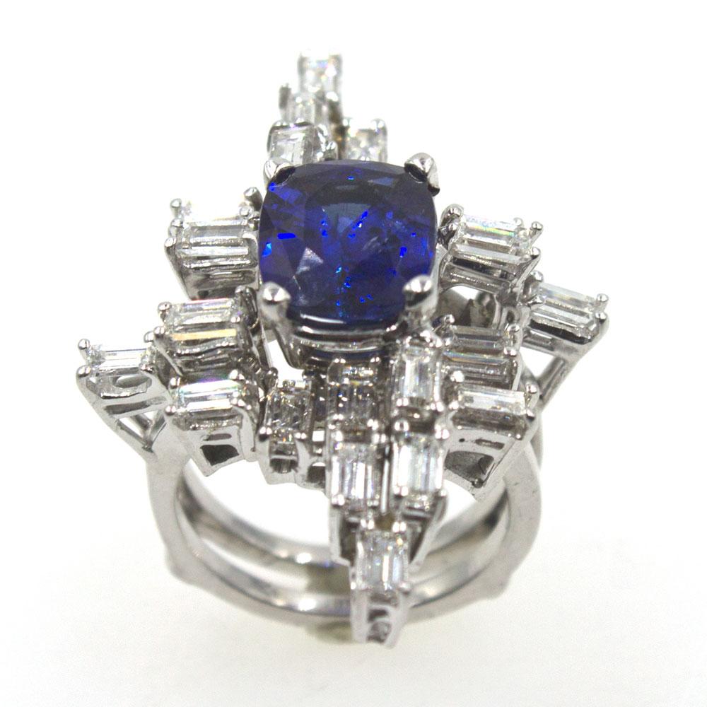 Baguette Cut 1950s Retro Natural Royal Blue Sapphire Diamond Cocktail Ring GIA Certified