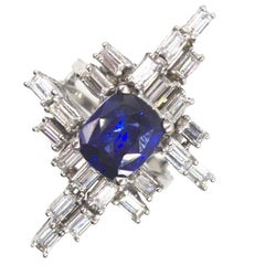 1950s Retro Natural Royal Blue Sapphire Diamond Cocktail Ring GIA Certified