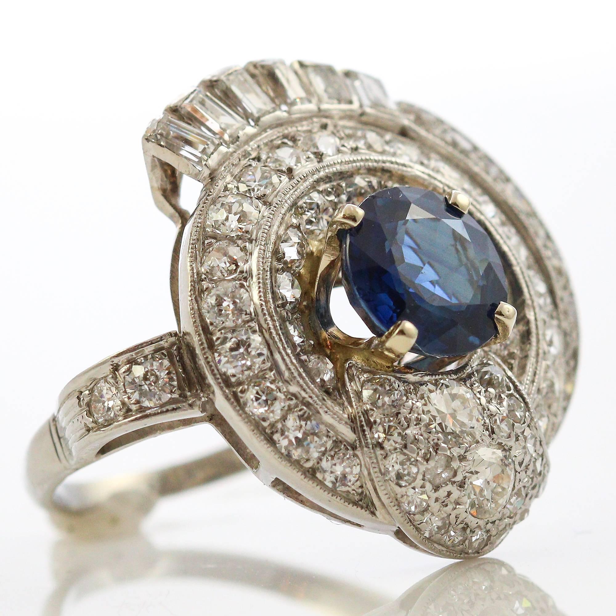 Old European Cut 1950's Retro Platinum Blue Sapphire and Diamond Ring For Sale