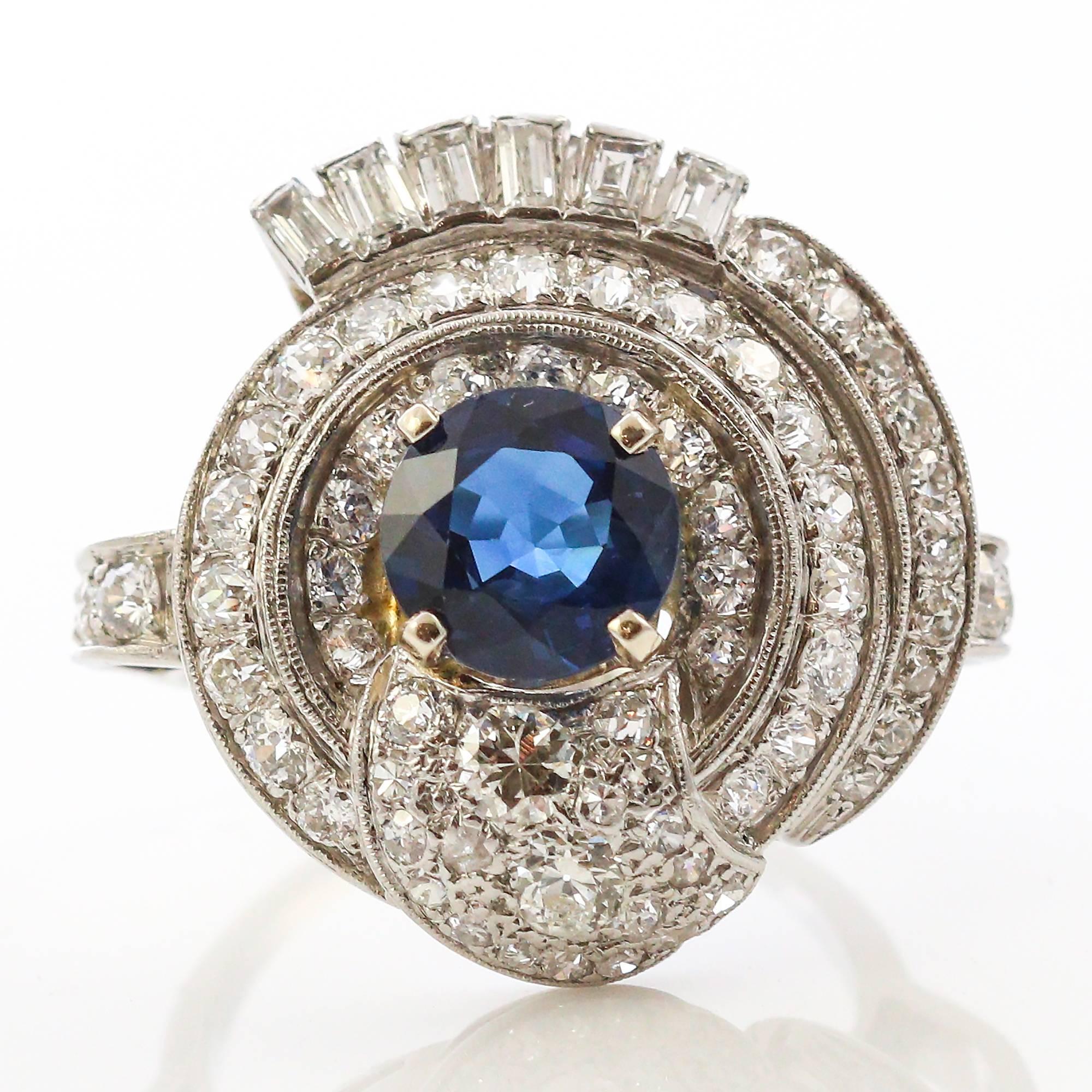 1950's Retro Platinum Blue Sapphire and Diamond Ring In Excellent Condition For Sale In Birmingham, AL