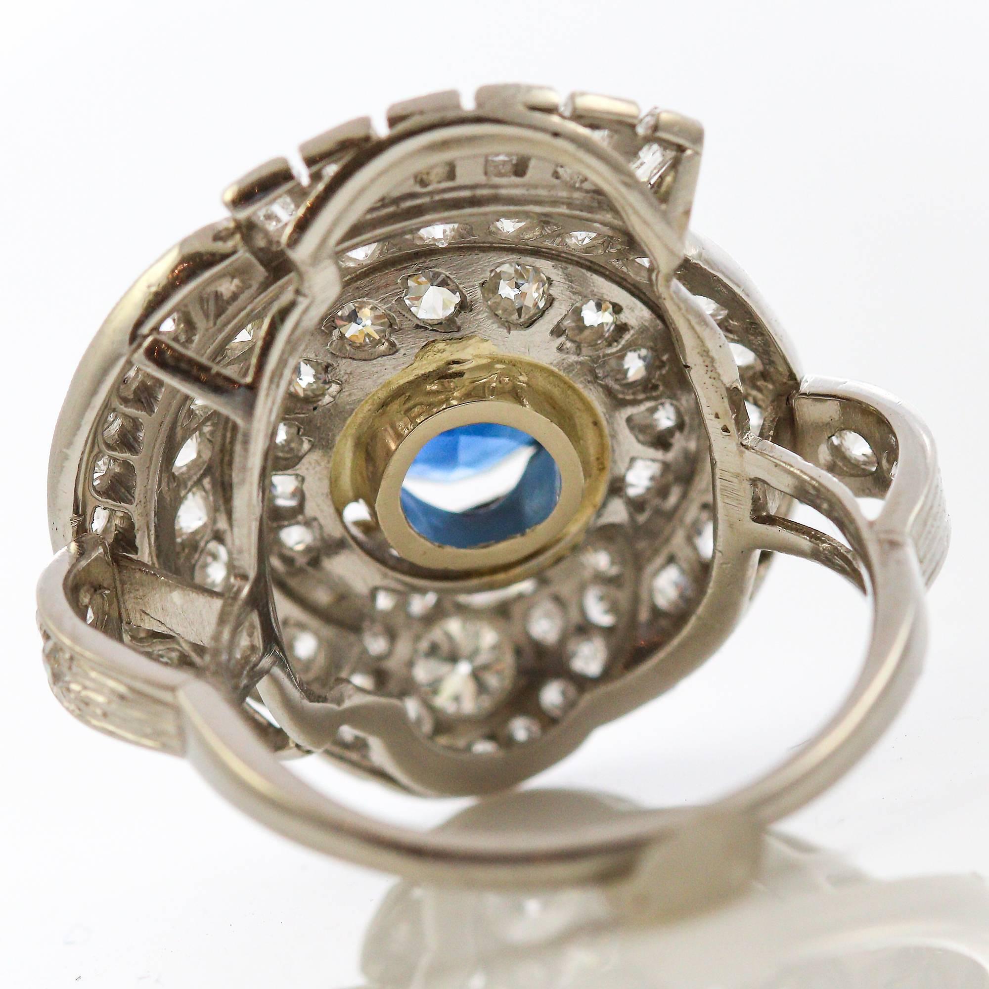 Women's 1950's Retro Platinum Blue Sapphire and Diamond Ring For Sale