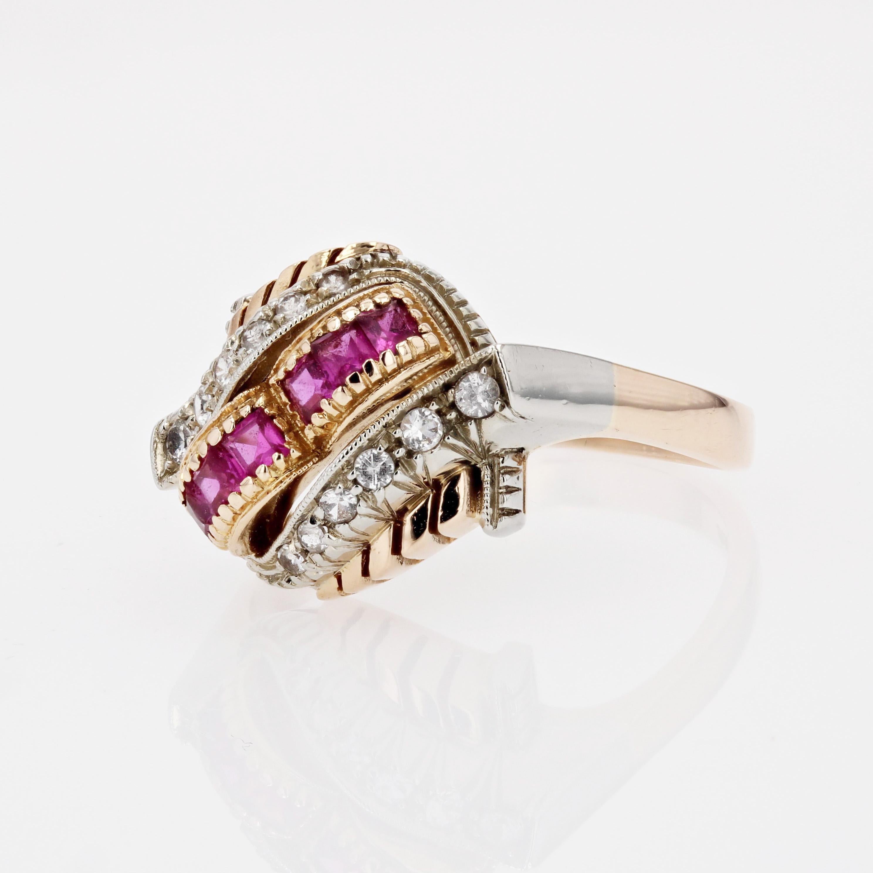 Round Cut 1950s Retro Red Gems White Stones 18 Karat Rose Gold Domed Ring For Sale