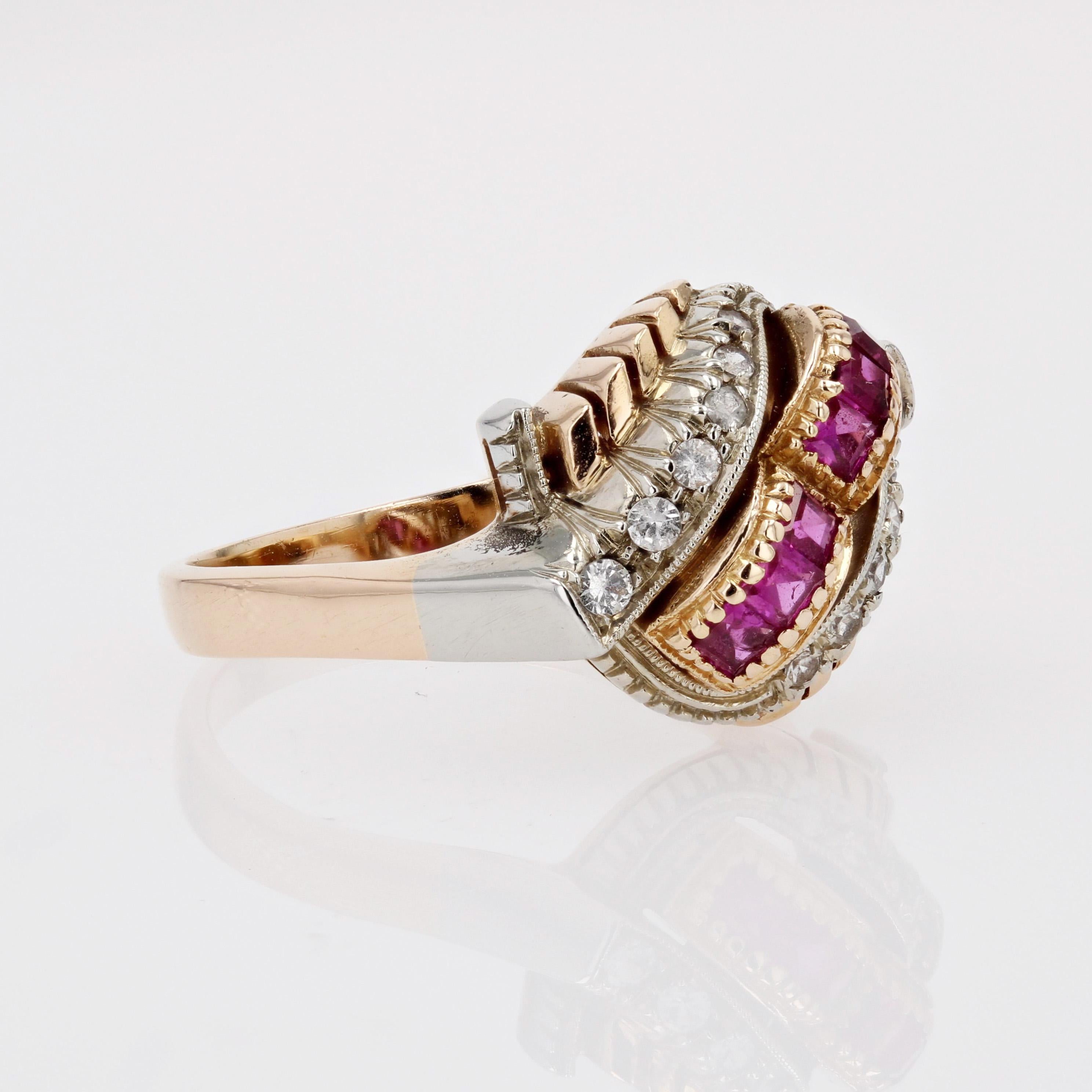 1950s Retro Red Gems White Stones 18 Karat Rose Gold Domed Ring In Good Condition For Sale In Poitiers, FR