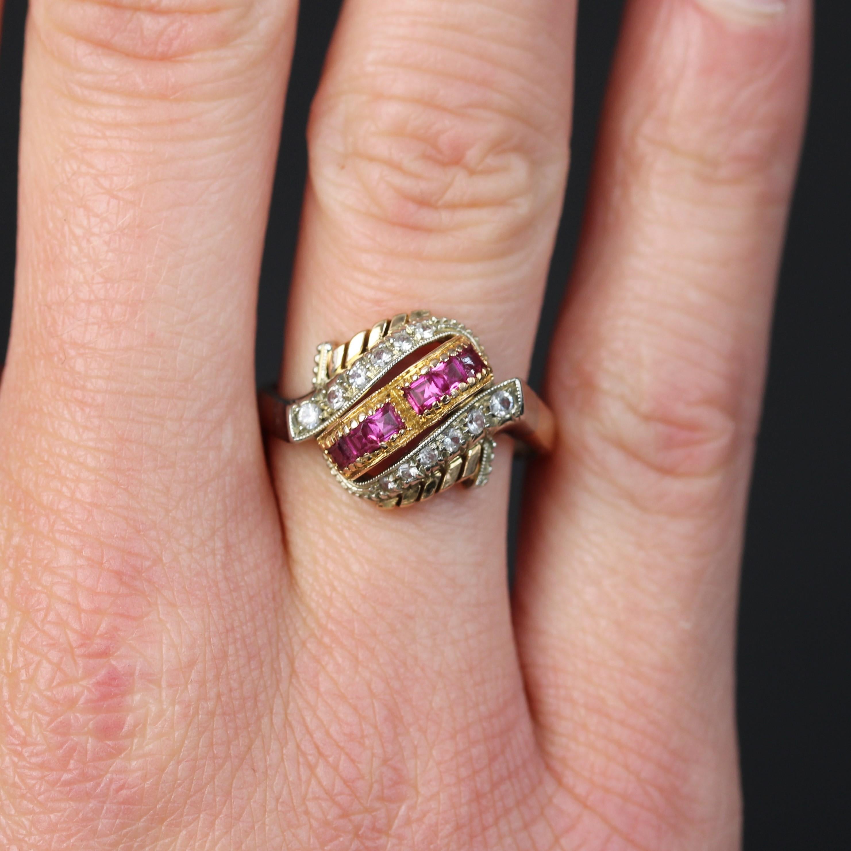 Women's 1950s Retro Red Gems White Stones 18 Karat Rose Gold Domed Ring For Sale