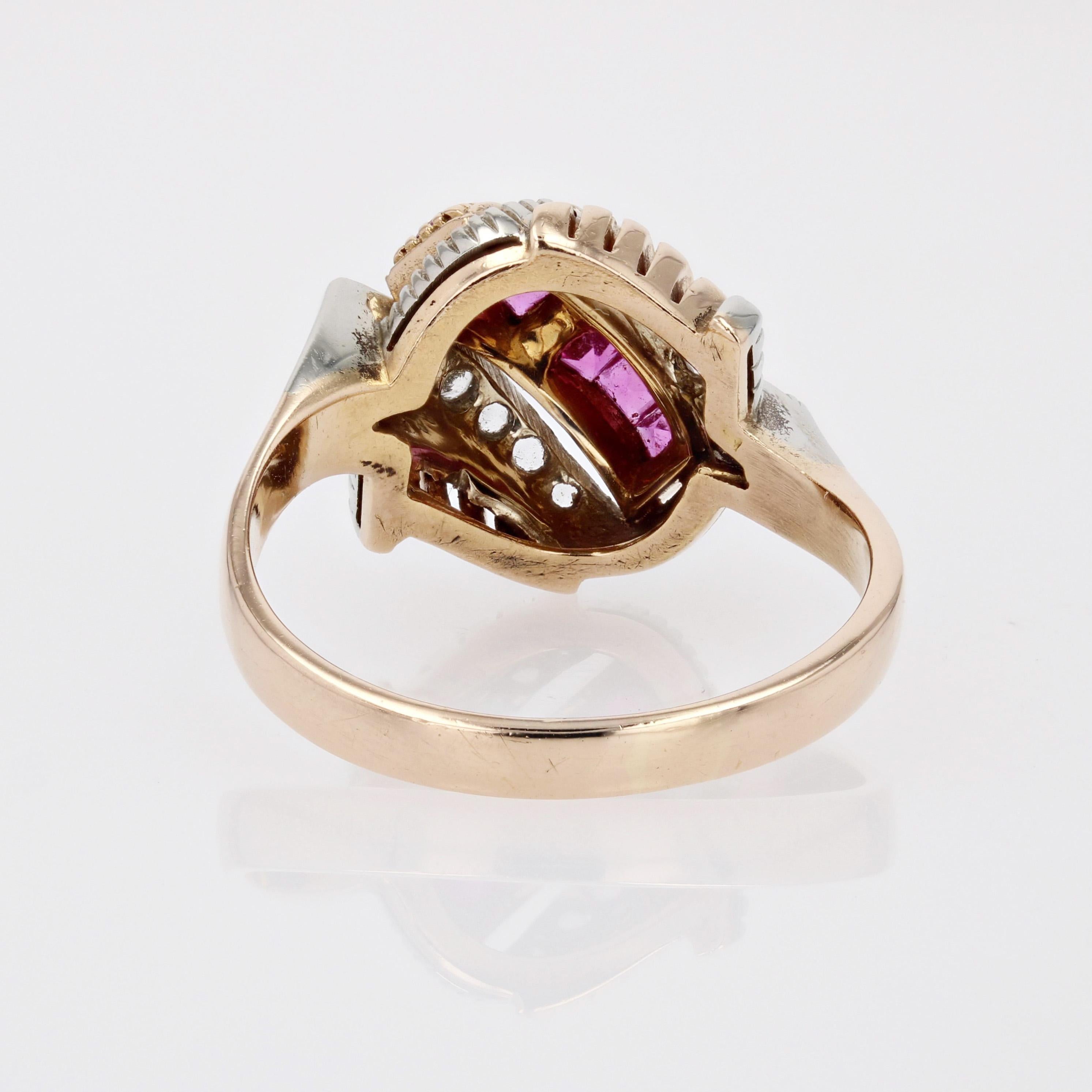1950s Retro Red Gems White Stones 18 Karat Rose Gold Domed Ring For Sale 1