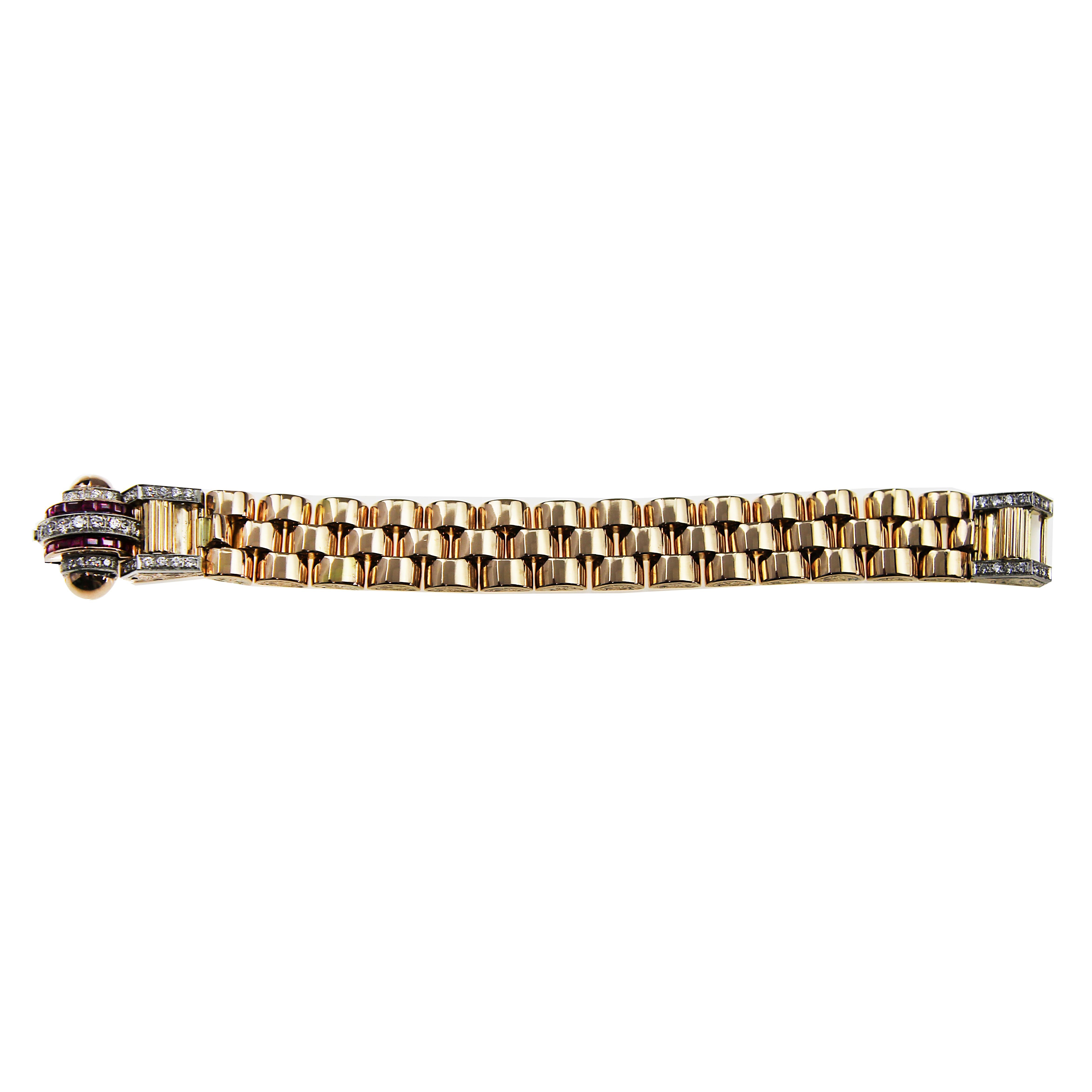 1950s Retro Rose Gold Ruby and Diamond Dome Bracelet in 14k Gold In Good Condition In London, GB