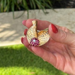1950's Retro Ruby Diamond 14 Karat Yellow Gold Fan Style Brooch Pin