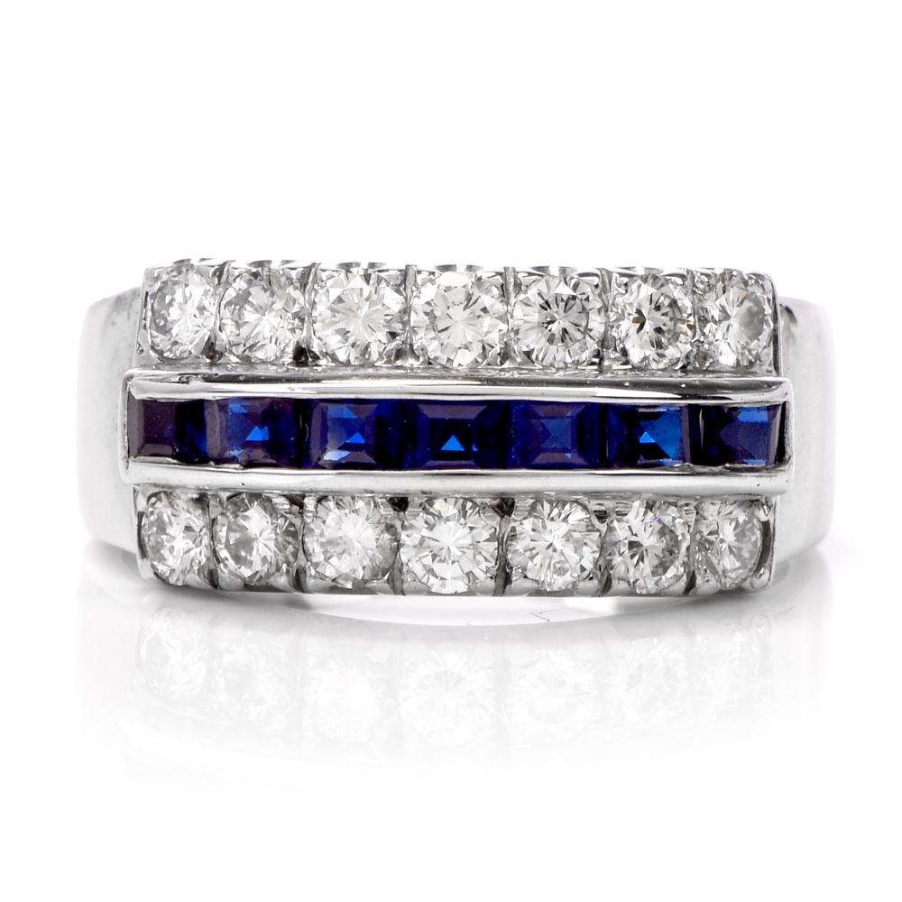 1950s Retro Sapphire Diamond Platinum Band Ring In Excellent Condition In Miami, FL