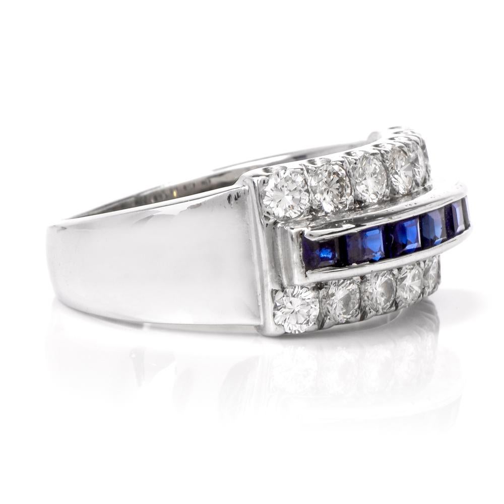 Women's or Men's 1950s Retro Sapphire Diamond Platinum Band Ring