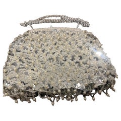 1950s Retro Silver Silk, and White Beads Hand-Crafted Italian Evening Bag