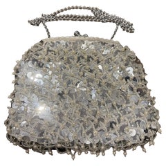 1950s Retro Silver Silk, and White Beads Hand-Crafted Italian Evening Bag