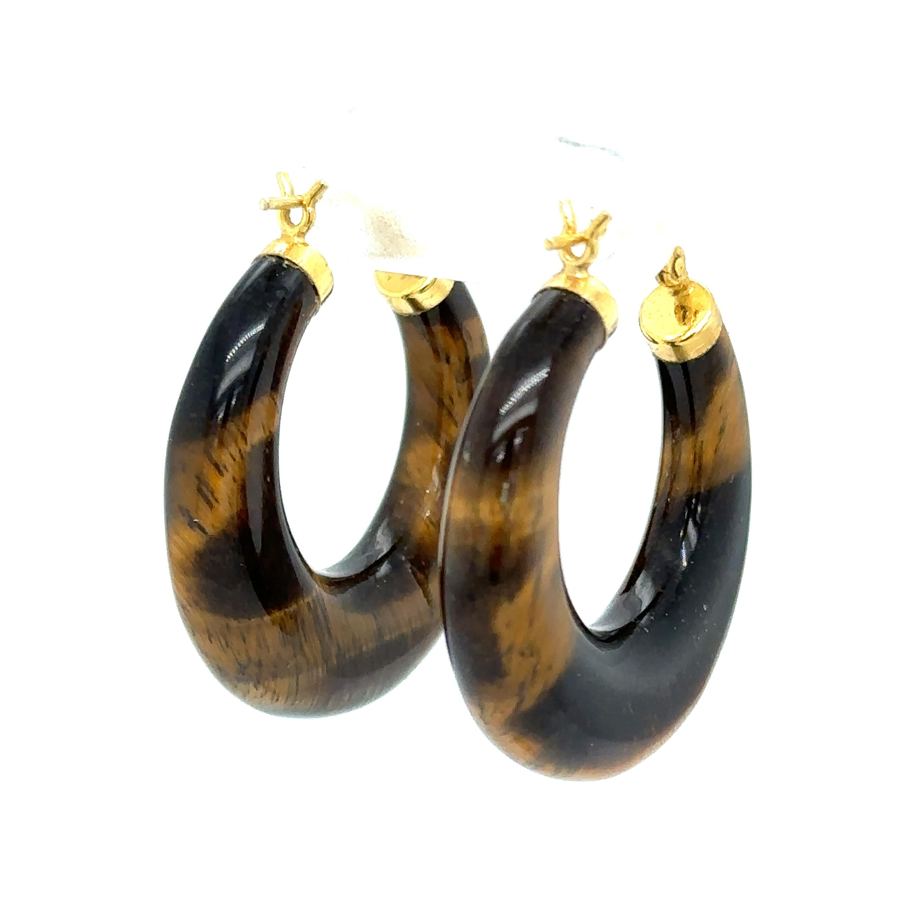 Women's or Men's 1950s Retro Tiger Eye Gemstone Hoop Earrings in 14 Karat Gold