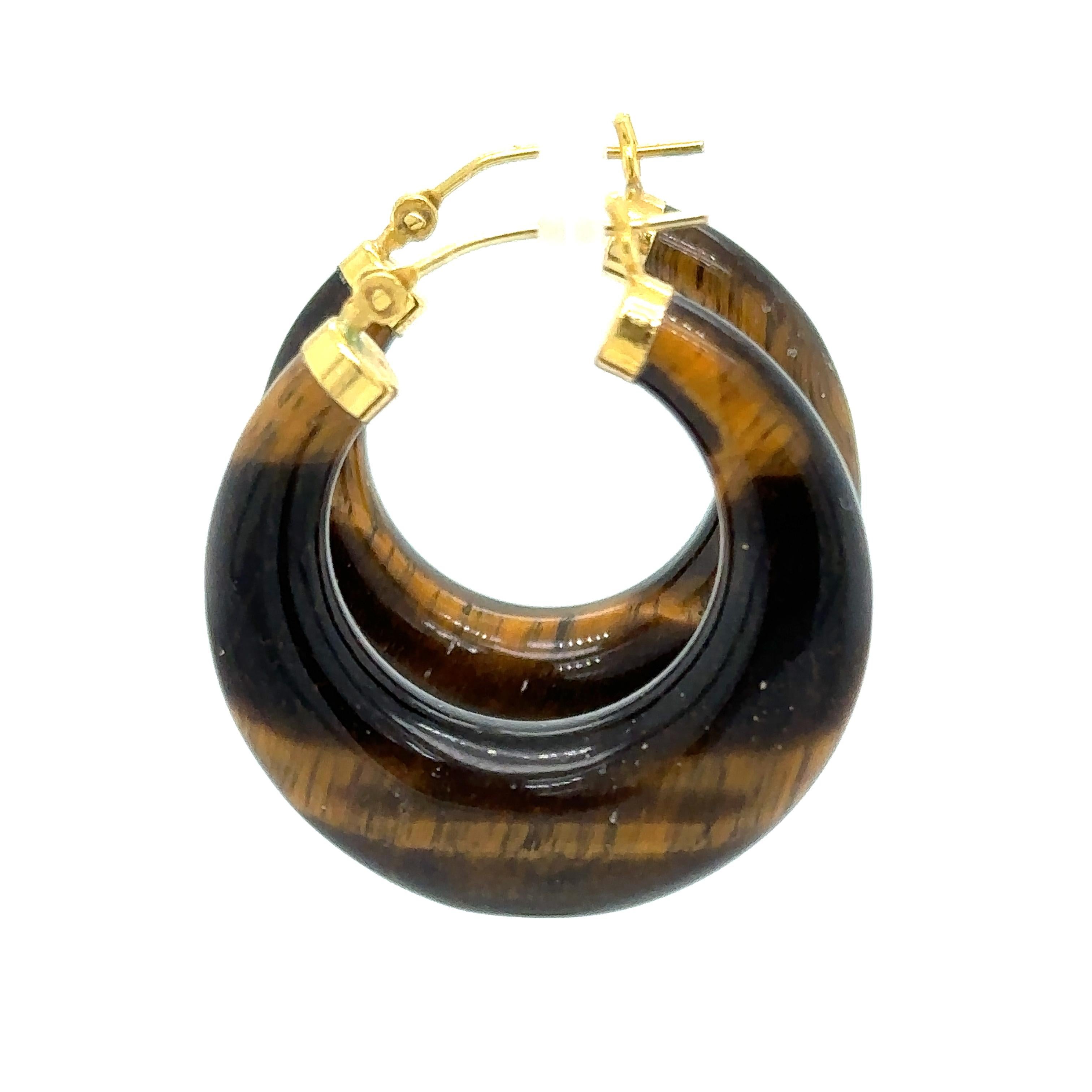 1950s Retro Tiger Eye Gemstone Hoop Earrings in 14 Karat Gold 2