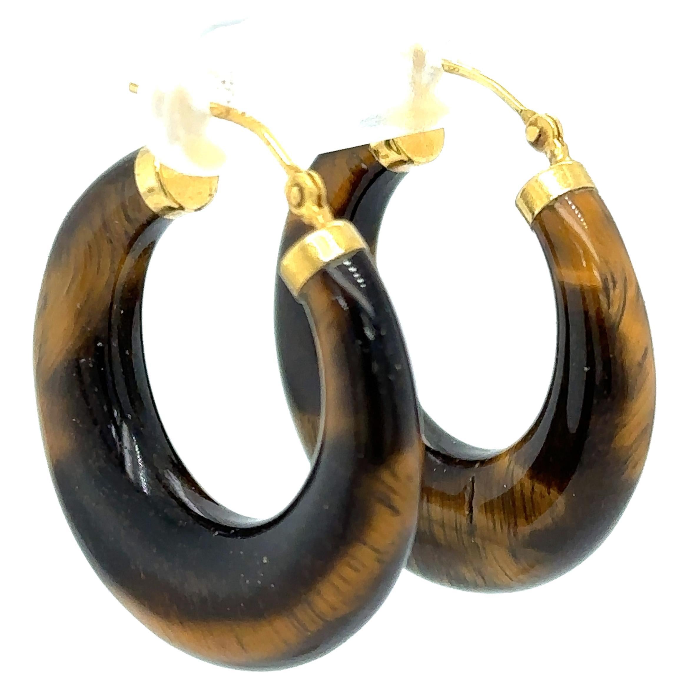 1950s Retro Tiger Eye Gemstone Hoop Earrings in 14 Karat Gold