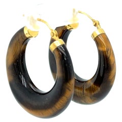 1950s Vintage Tiger Eye Gemstone Hoop Earrings in 14 Karat Gold