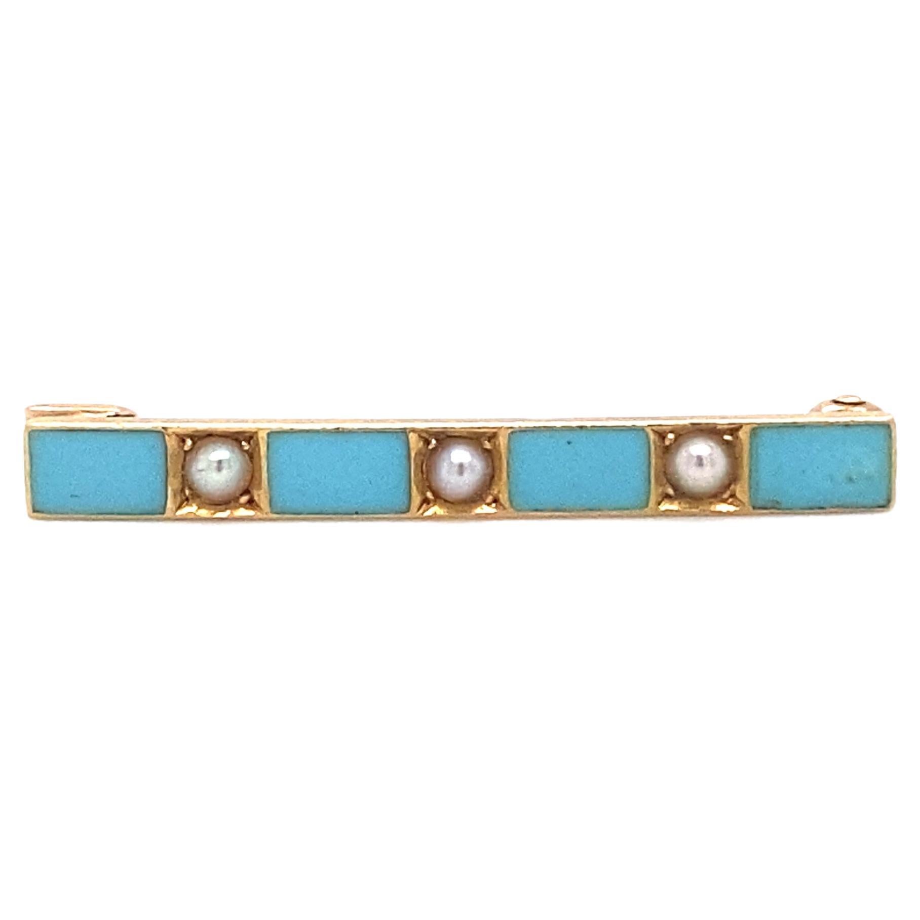 1950s Retro Turquoise and Pearl Bar Pin in 14 Karat Gold