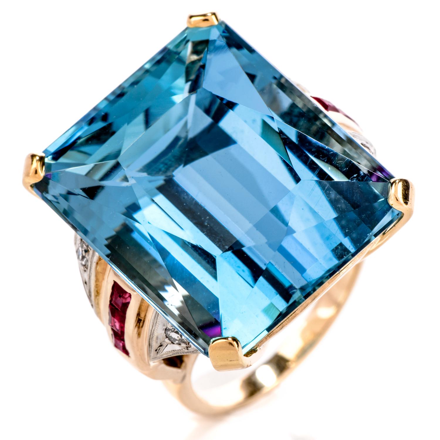 Emerald Cut 1950s Retro Very Fine Aquamarine Diamond Ruby Cocktail Gold Ring