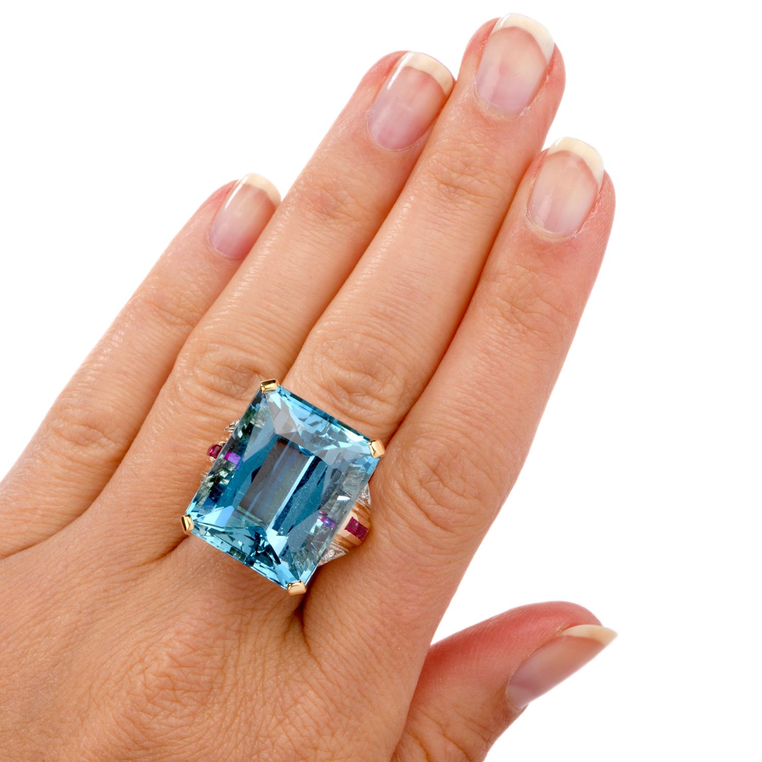Women's 1950s Retro Very Fine Aquamarine Diamond Ruby Cocktail Gold Ring