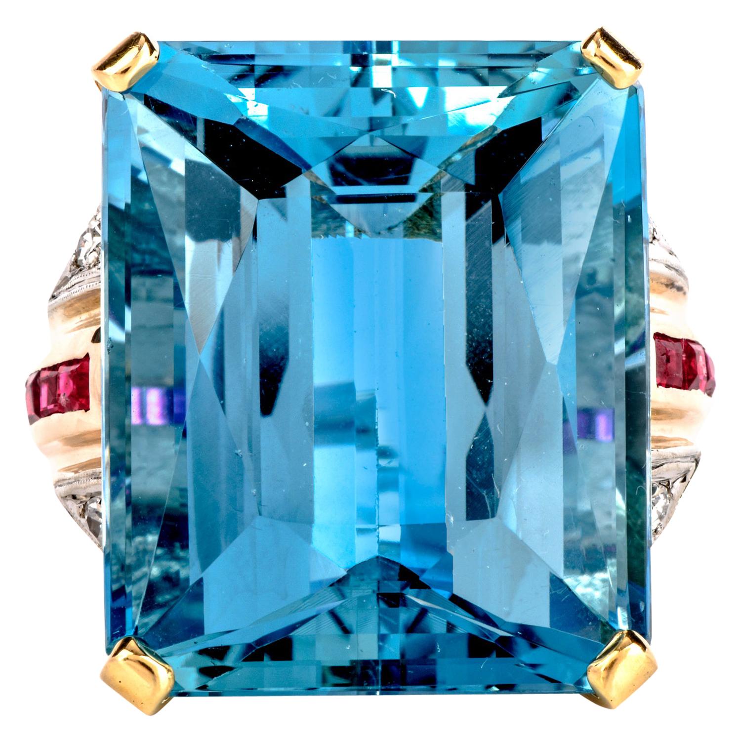 1950s Retro Very Fine Aquamarine Diamond Ruby Cocktail Gold Ring