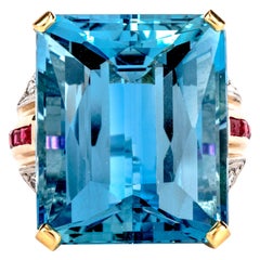 1950s Retro Very Fine Aquamarine Diamond Ruby Cocktail Gold Ring