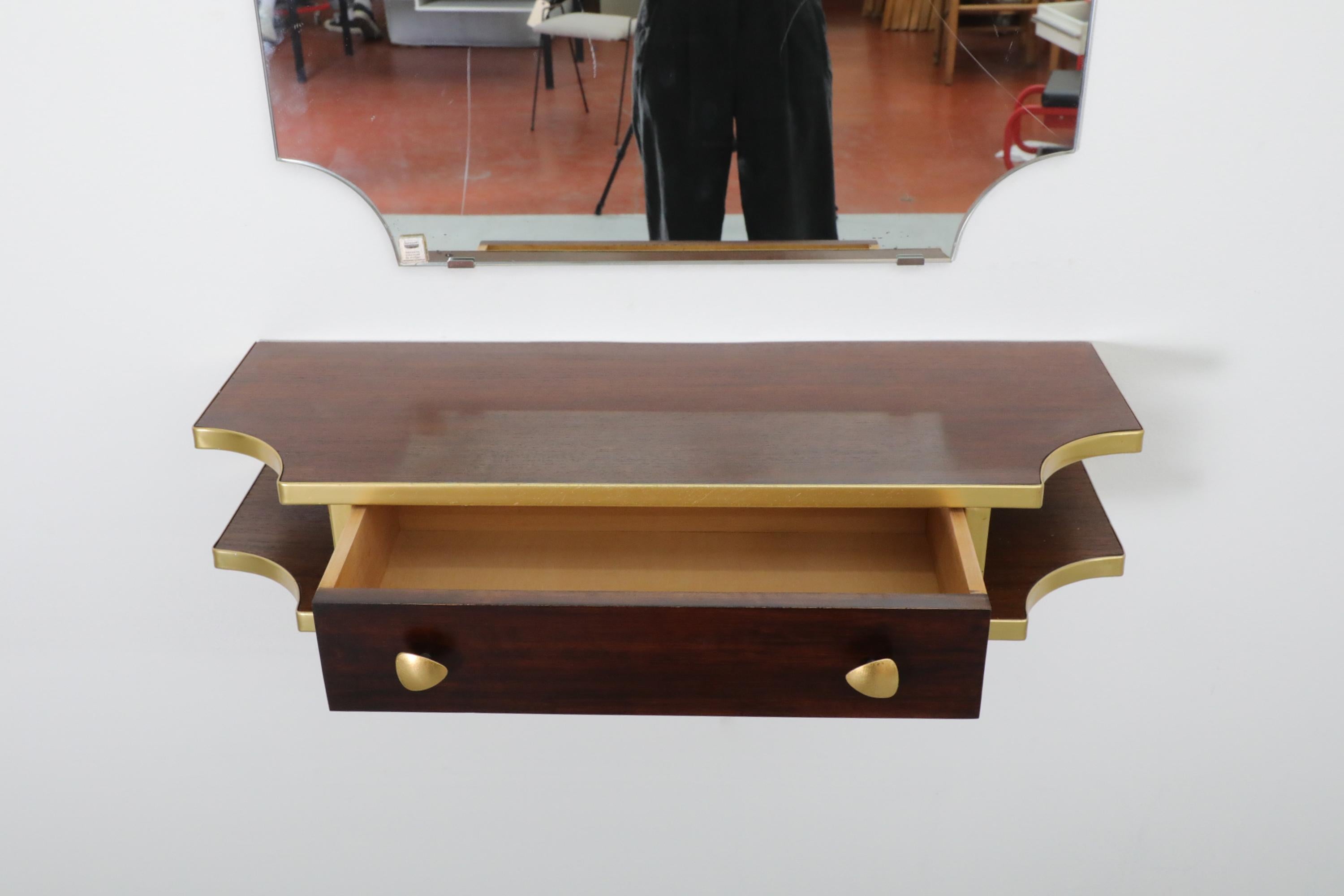 1950er Retro-Wand-Salon-Eitelkeit mit Spiegel und Holzregal mit Schublade im Angebot 10