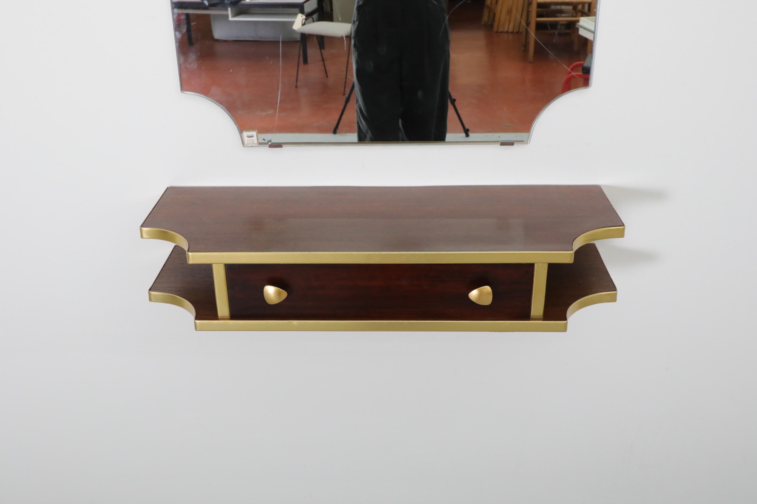 1950er Retro-Wand-Salon-Eitelkeit mit Spiegel und Holzregal mit Schublade im Angebot 11