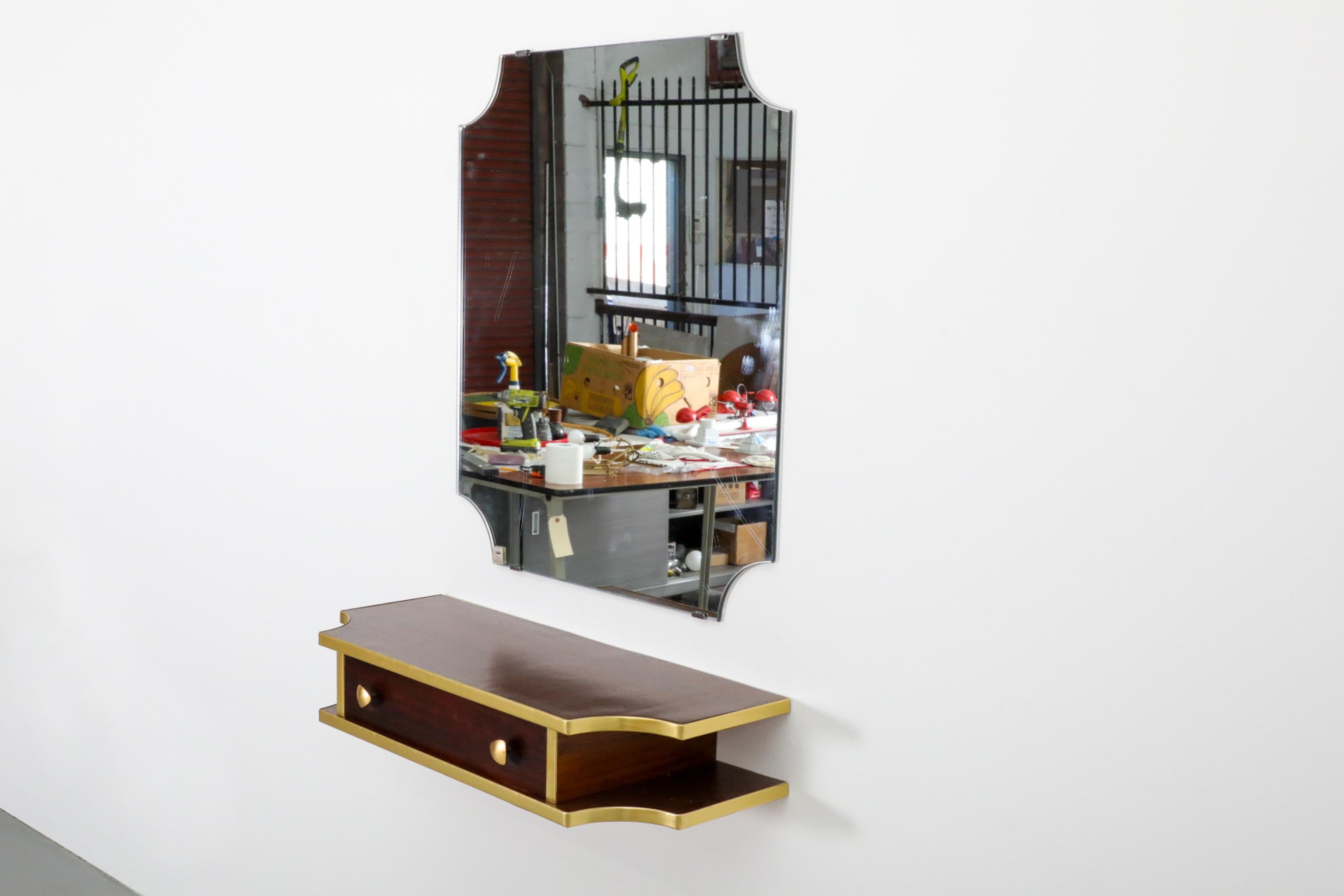 1950er Retro-Wand-Salon-Eitelkeit mit Spiegel und Holzregal mit Schublade (Moderne der Mitte des Jahrhunderts) im Angebot
