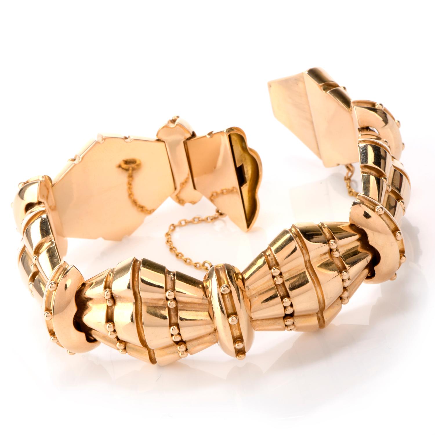 Women's or Men's 1950s Retro Wide Artisan Barrel Geometric 18 Karat Rose Gold Bracelet