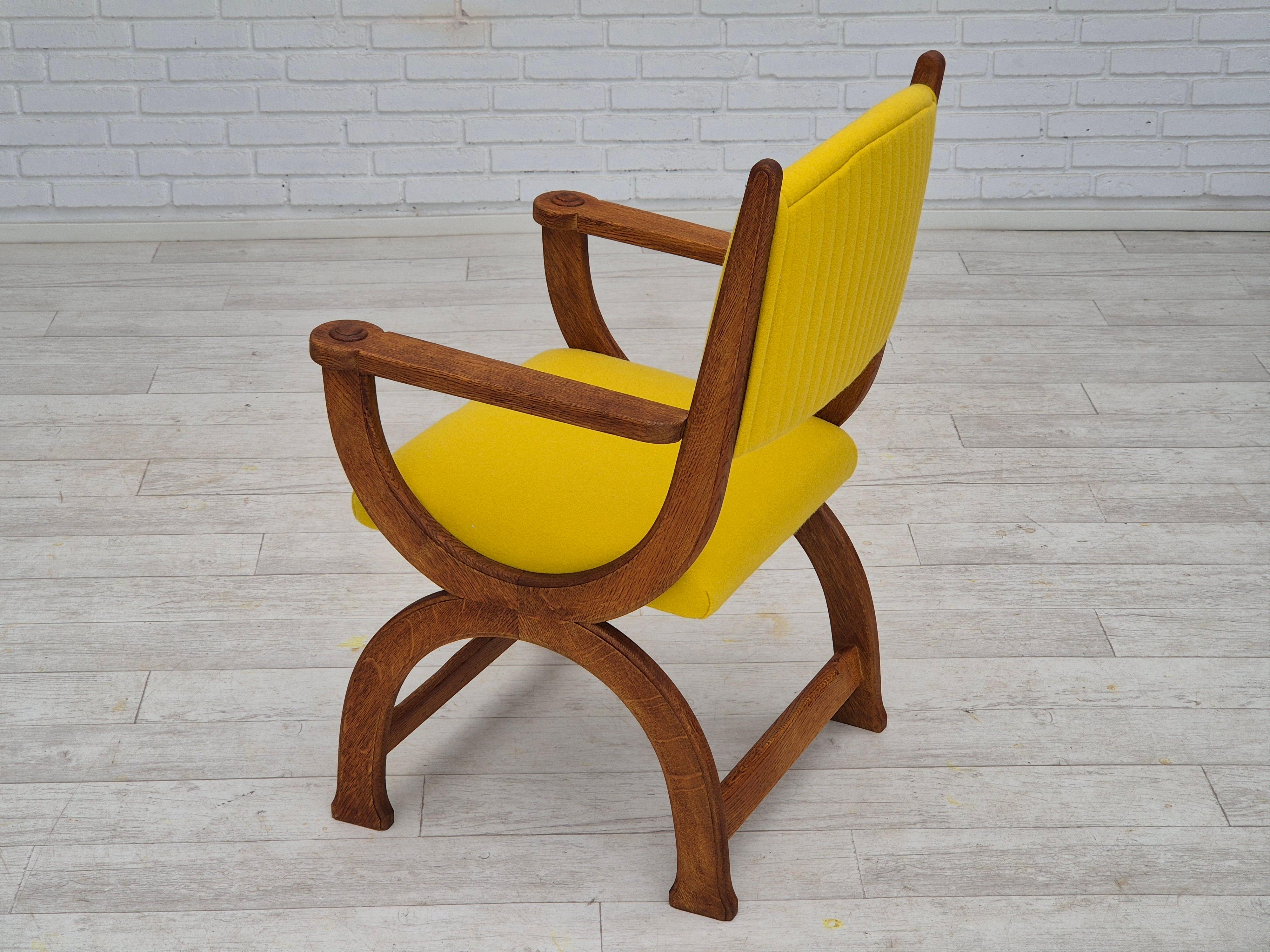 Wool 1950s, reupholstered Danish armchair, Gabriel furniture wool, oak wood. For Sale