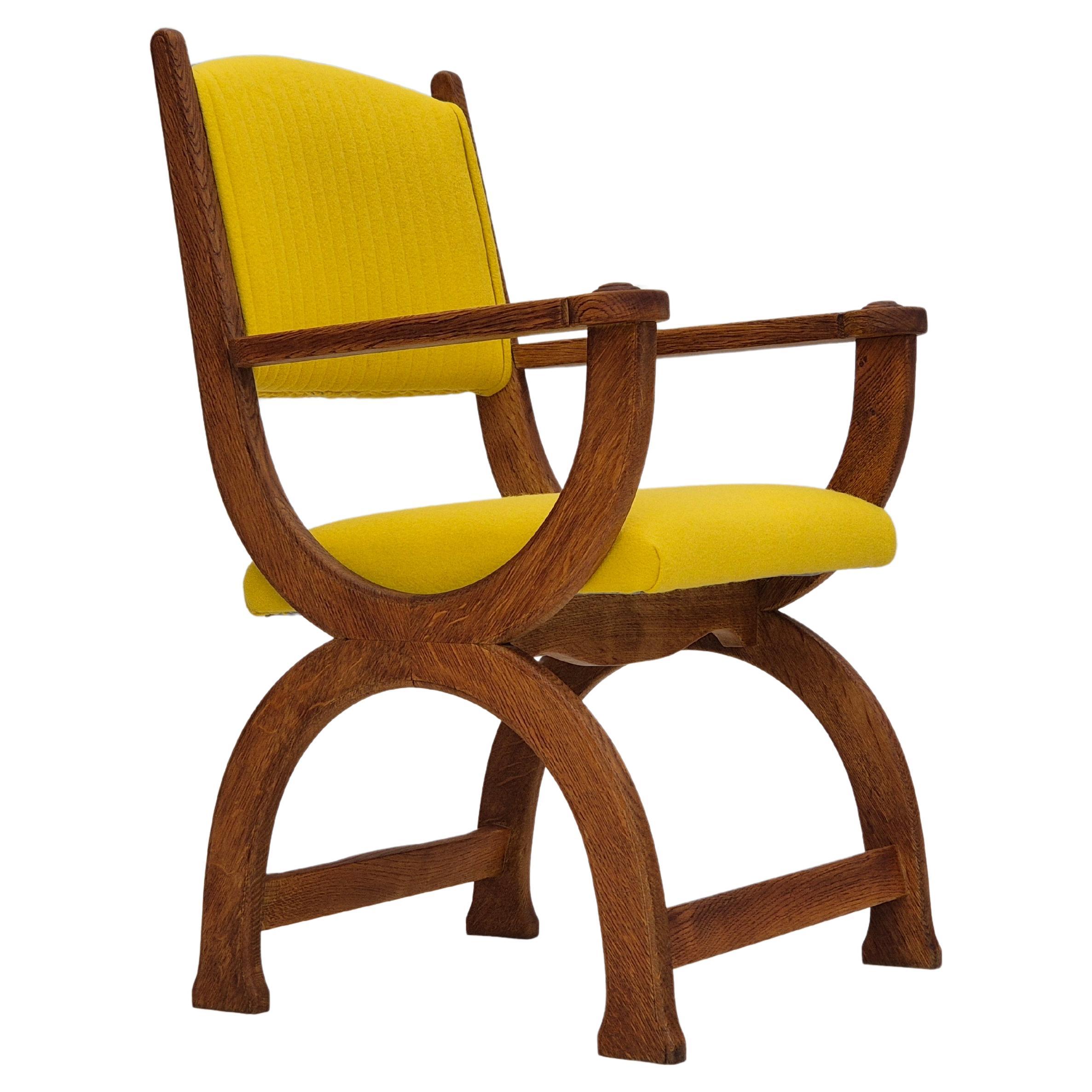 1950s, reupholstered Danish armchair, Gabriel furniture wool, oak wood. For Sale
