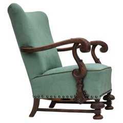 1950s, reupholstered Danish armchair, light green furniture fabric, oak wood.