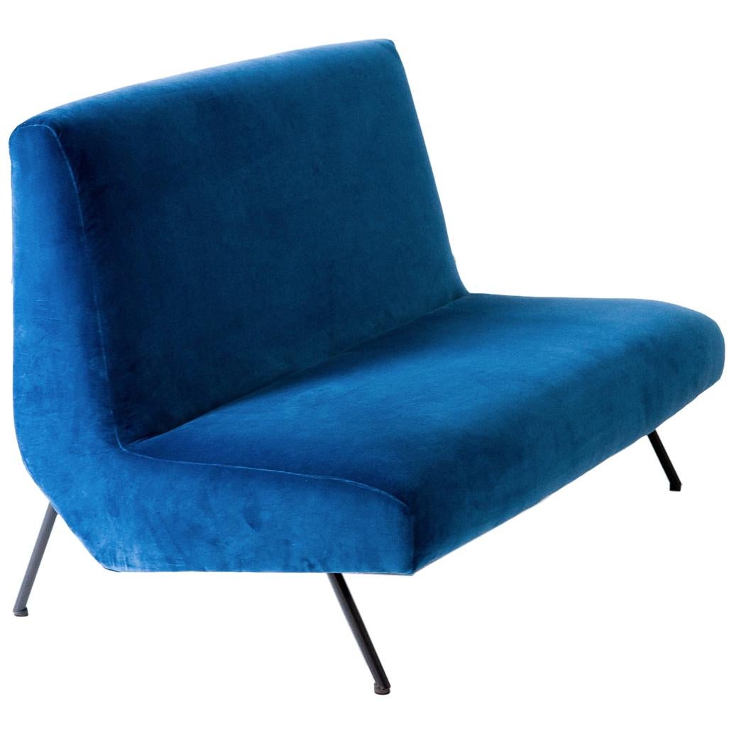 1950s Reupholstered Italian Sofa in Blue Velvet
