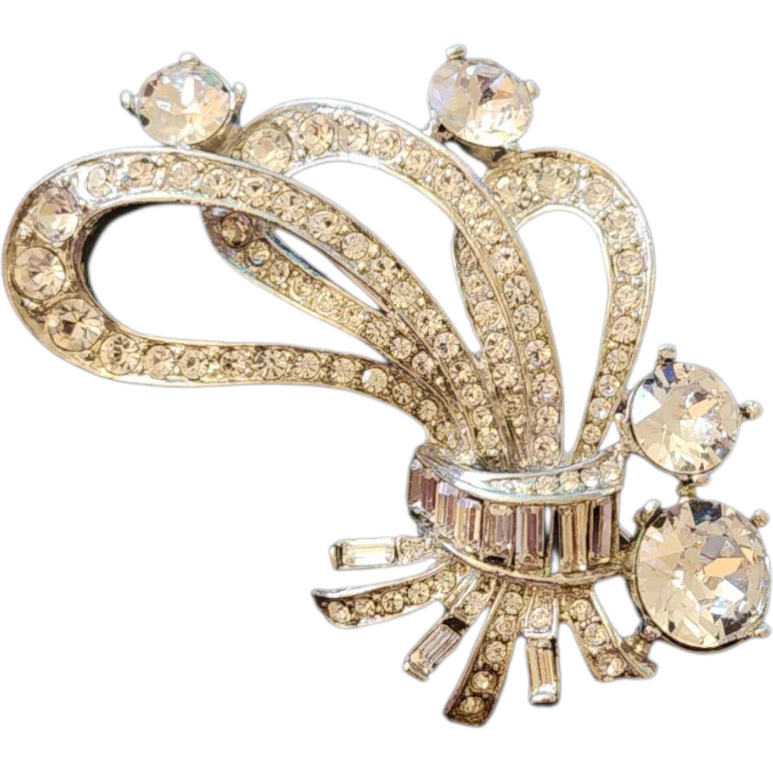 1950s Rhinestone Spray Brooch Brilliant Baguette 
Round Crystal Bouquet