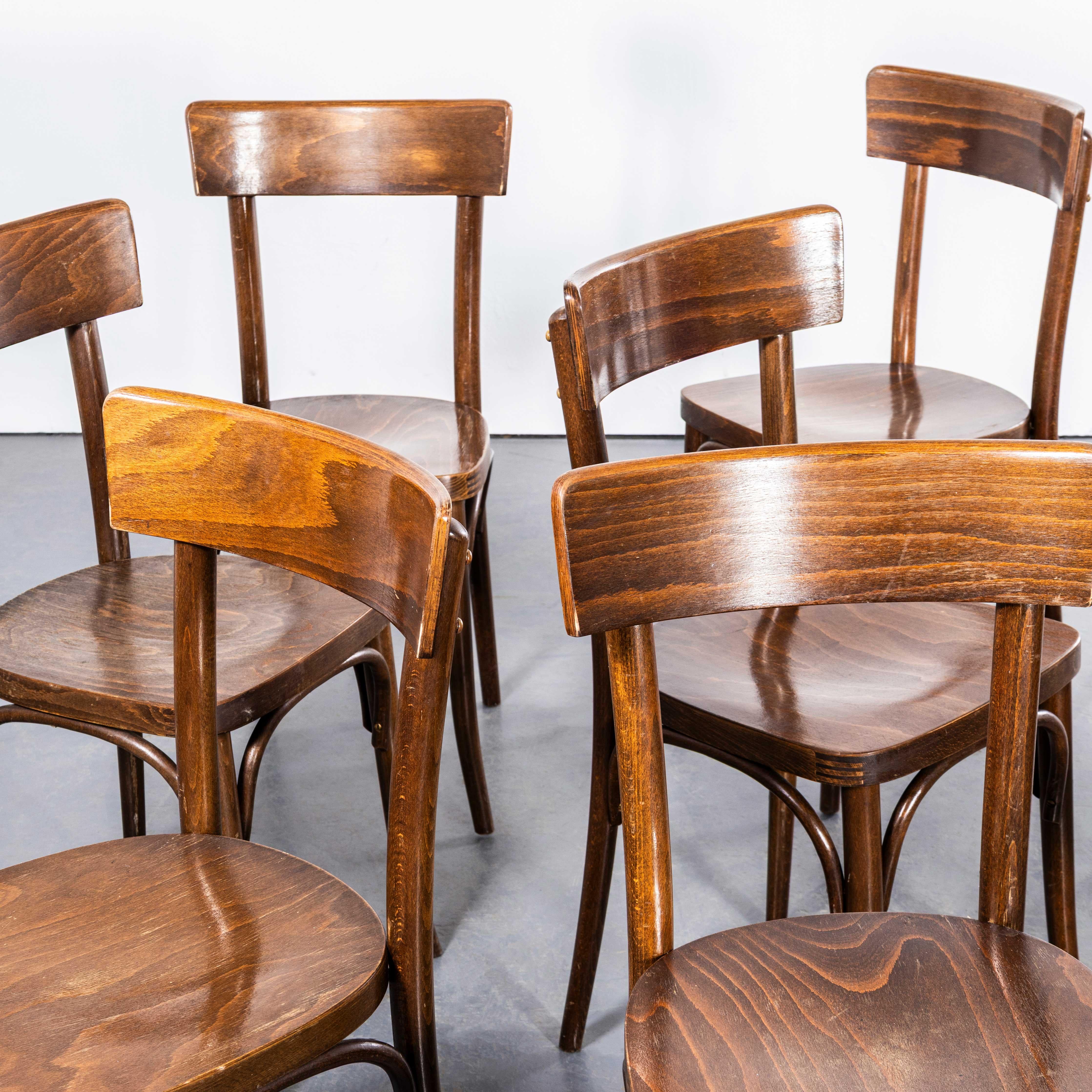 Czech 1950's Rich Walnut Single Bar Bentwood Dining Chairs - Set Of Eight For Sale