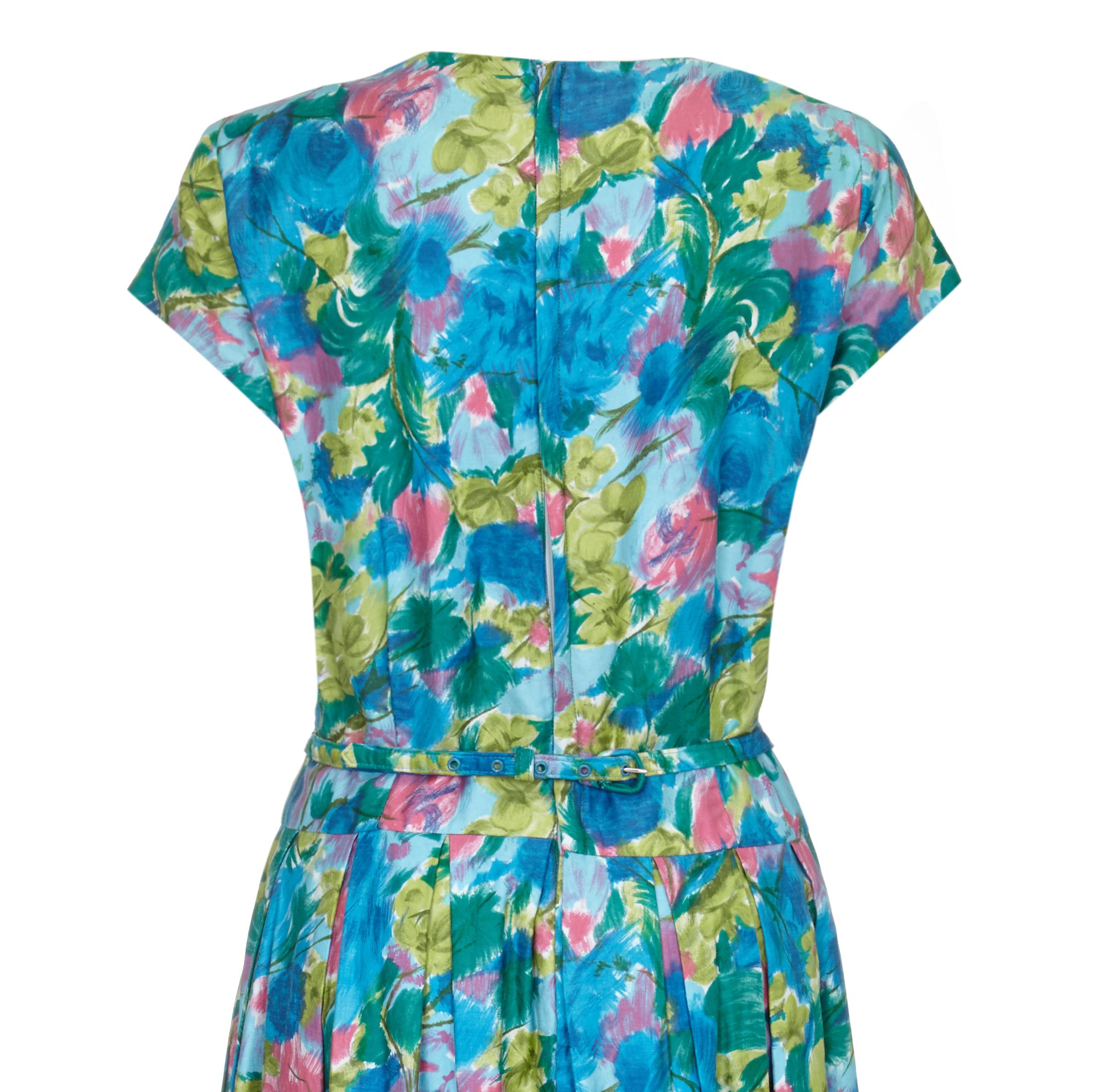 Women's 1950s Riddella Green Blue and Pink Floral Cotton Dress  For Sale
