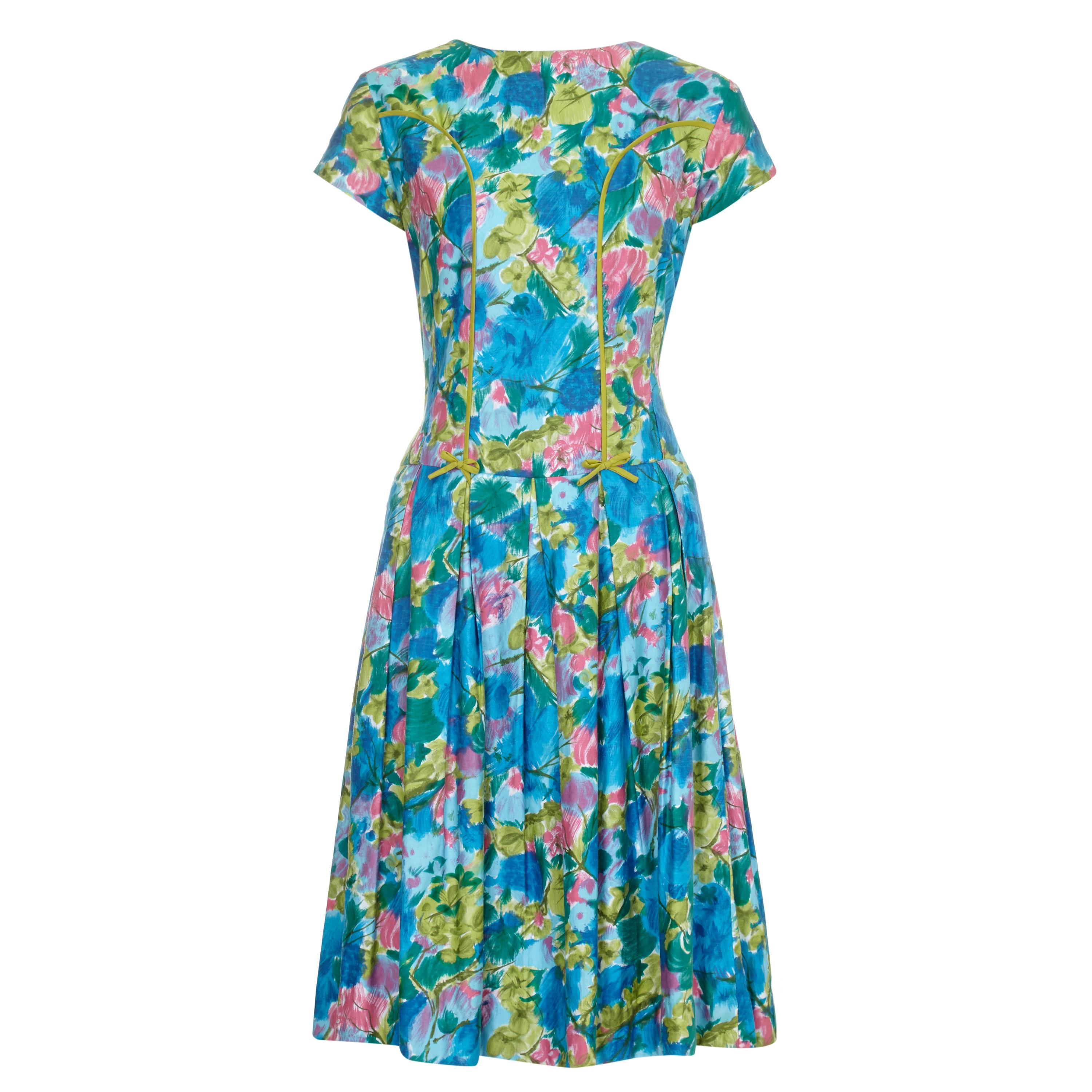 1950s Riddella Green Blue and Pink Floral Cotton Dress For Sale at 1stDibs