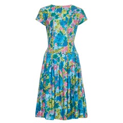 1950s Riddella Green Blue and Pink Floral Cotton Dress