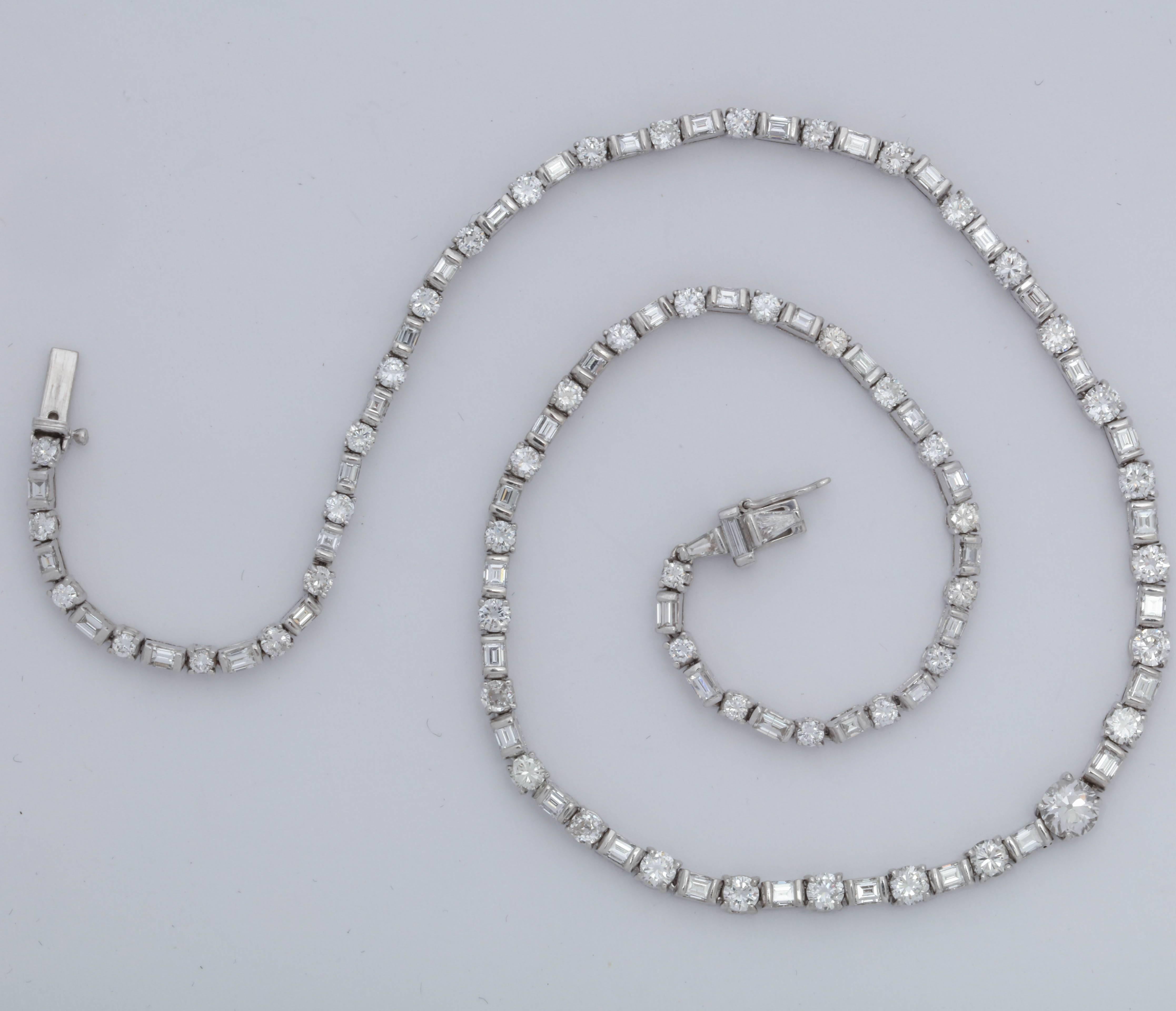 Baguette Cut 1950s Riviere Style Alternating Horizontal Baguette and Round Diamonds Necklace