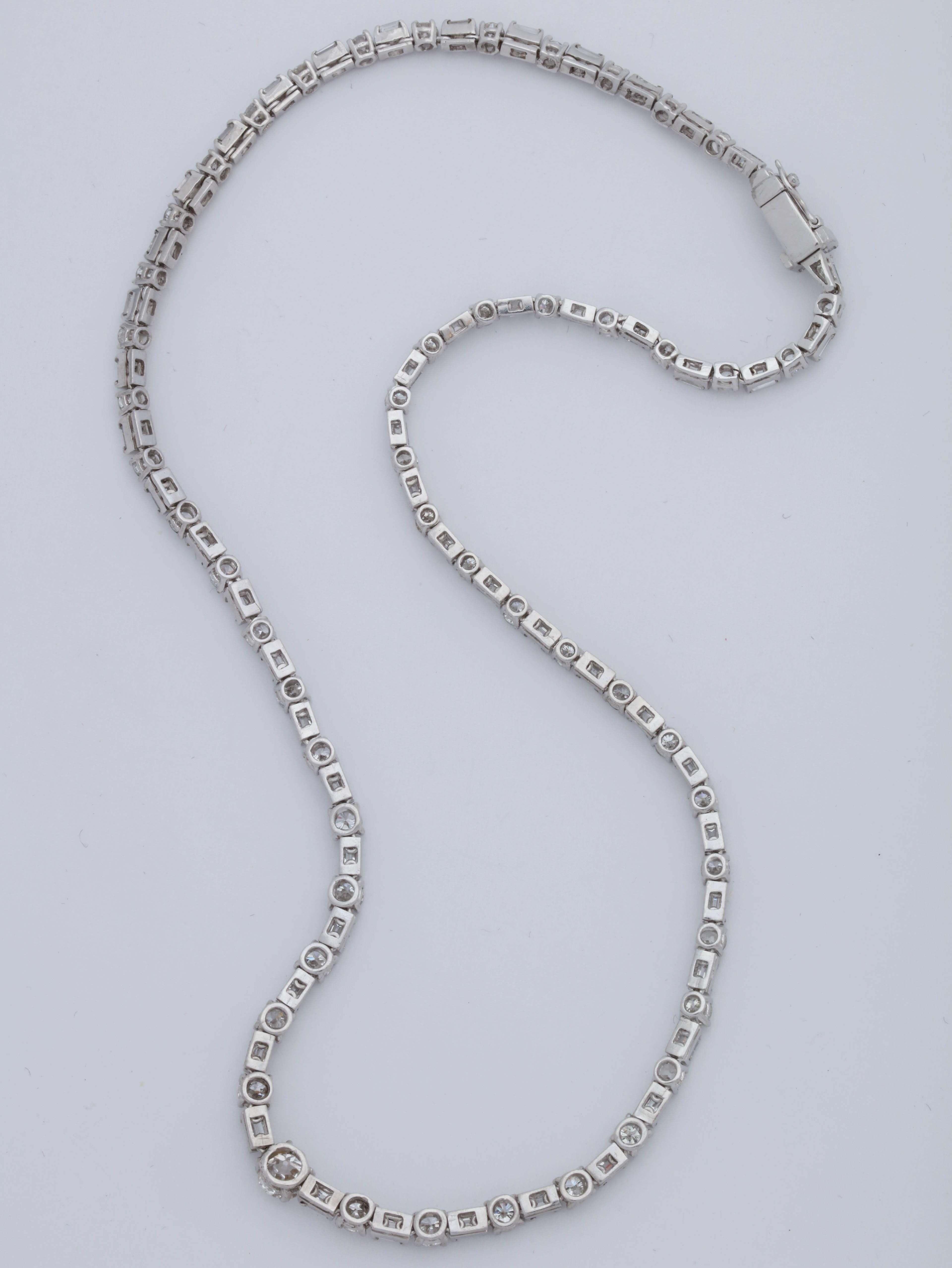 1950s Riviere Style Alternating Horizontal Baguette and Round Diamonds Necklace 1