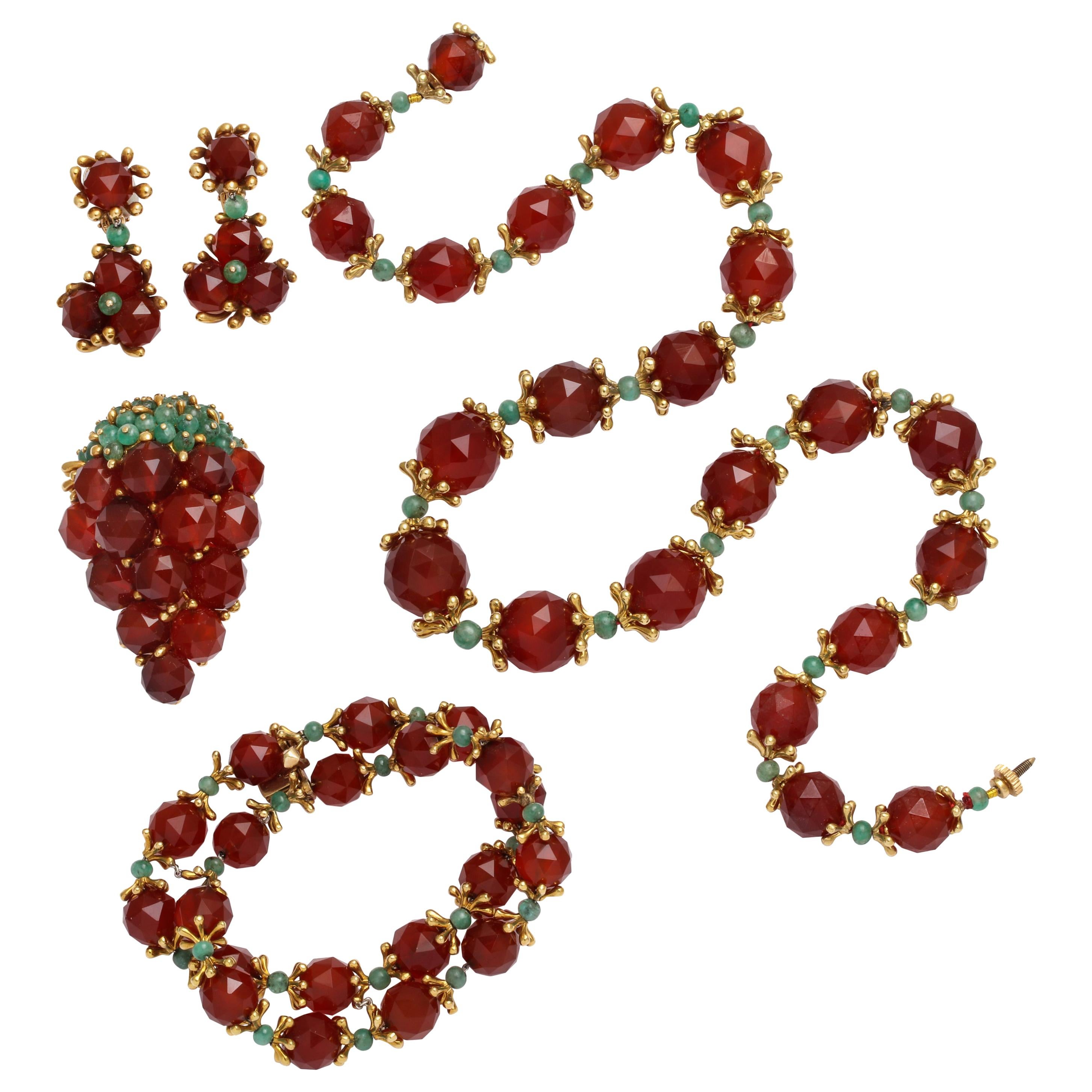 1950s Robert Barre Carnelian Emerald Jewelry Suite